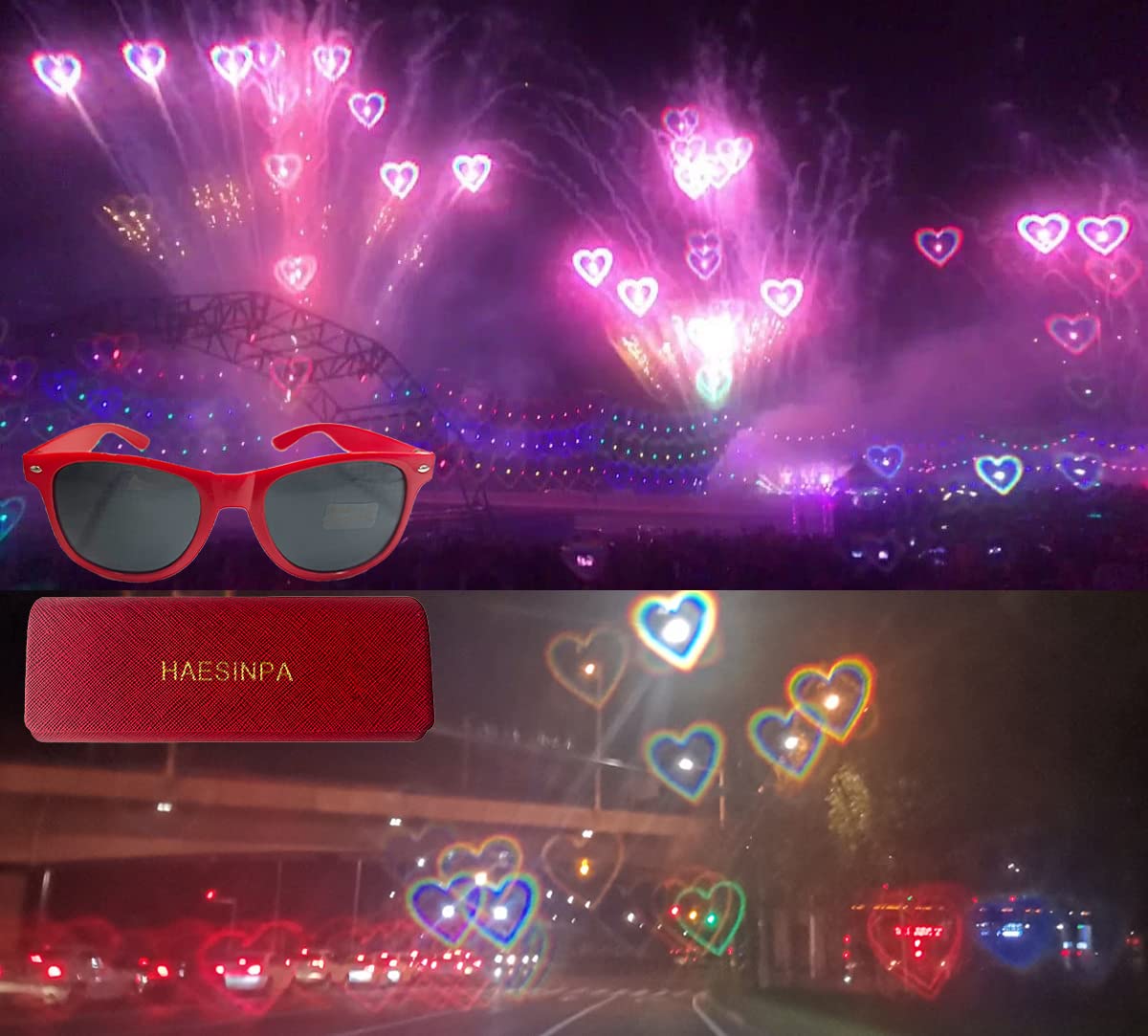 Heart Effect Diffusion Glasses - Rainbow Prism Party Glasses with Protective Case (Square Frame, Red) for Raves, Concerts, Festivals & Light Shows