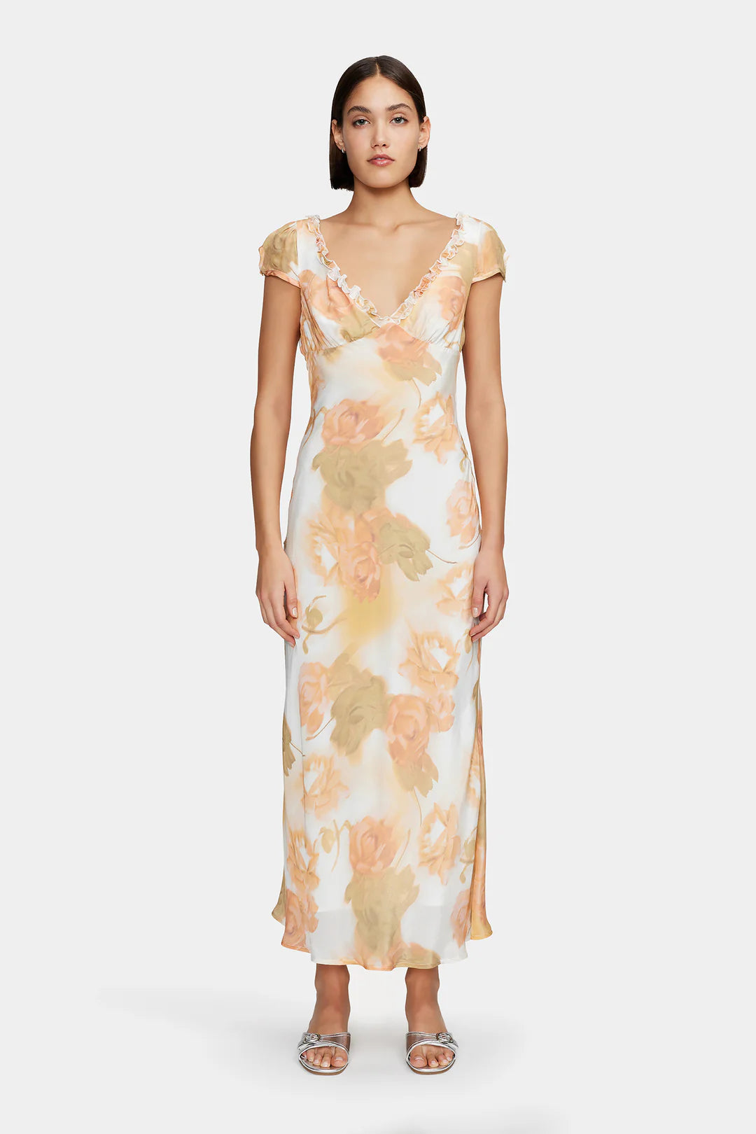 Lottie Peachy Garden Cap Sleeve Midi Dress - Floral Print Summer Dress for Women, Perfect for Garden Parties, Brunch Dates & Outdoor Events