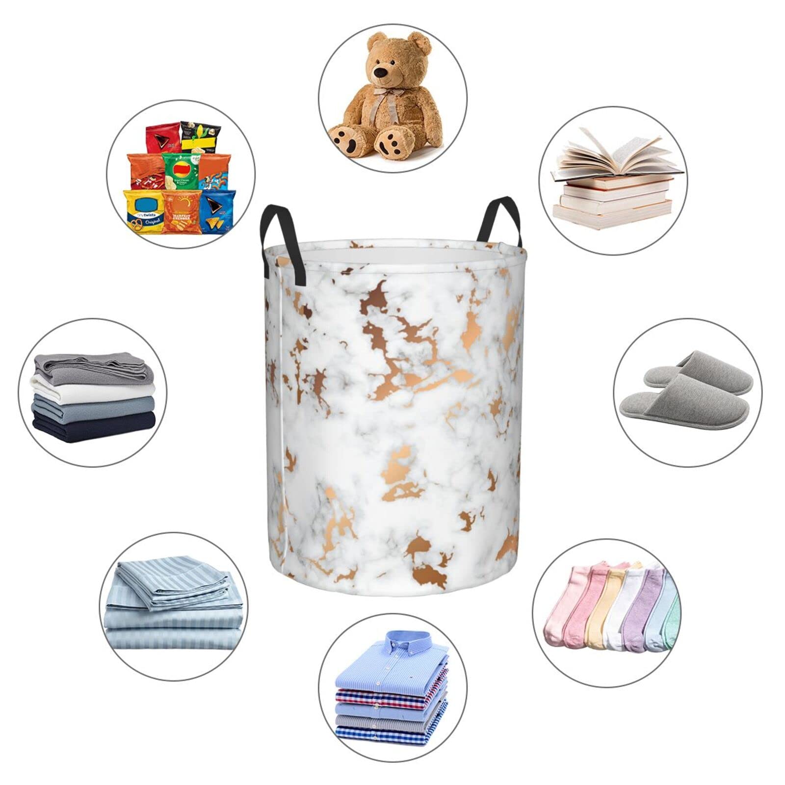 Collapsible Laundry Hamper with Handles - Foldable Clothes Basket for Bedroom, Bathroom & Dorm - White Marble Pattern Storage Bin for Dirty Clothes, Toys & Organizing - Easy Carry Laundry Bag for Home & Travel