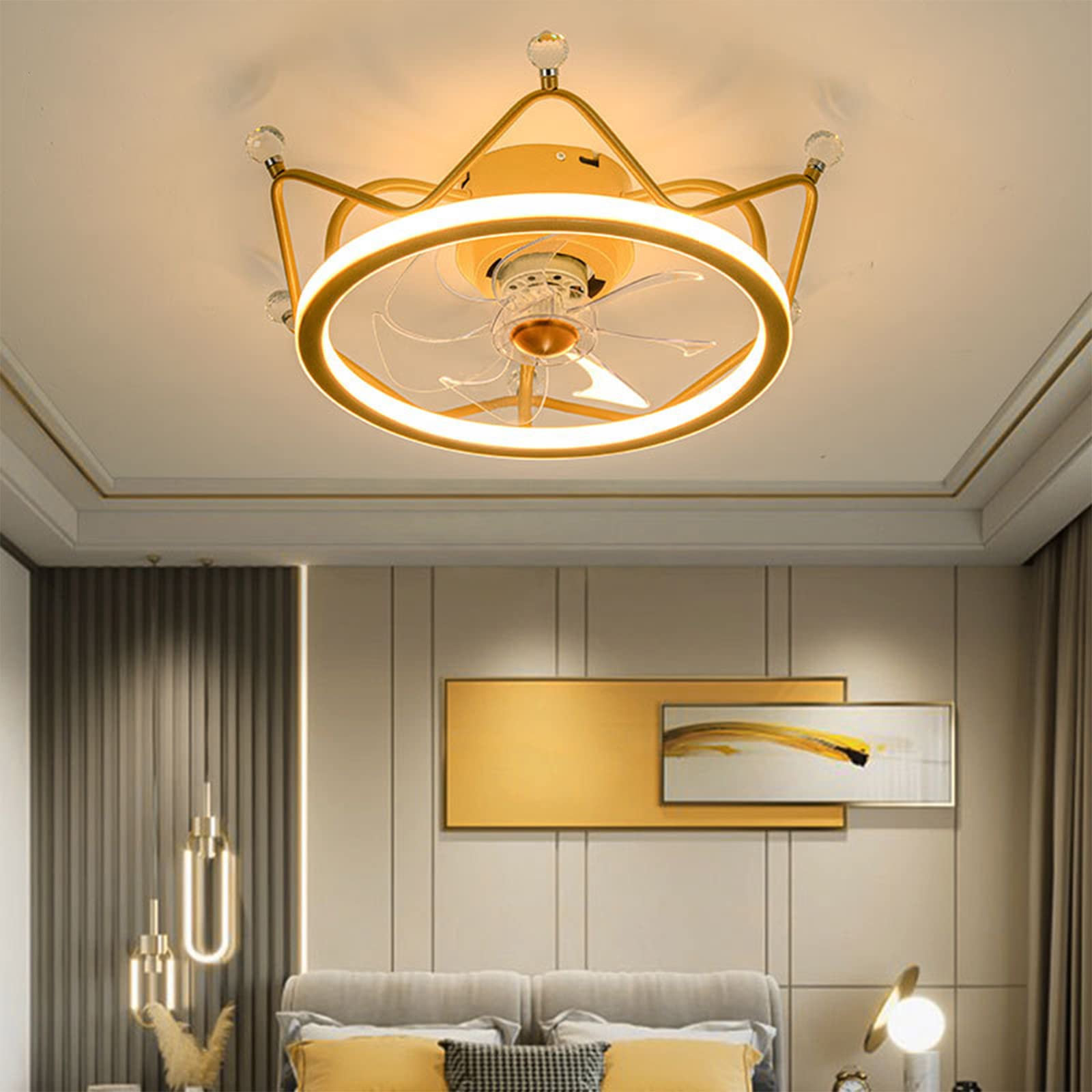 Modern Ceiling Fan with LED Light & Remote Control - Fully Dimmable 0-100% Brightness, Crystal Crown Design for Bedroom, Living Room & Kids Room - Energy Efficient Cooling & Lighting Solution for Home