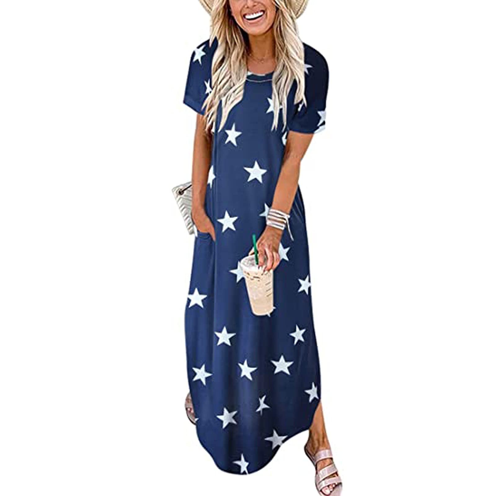 Kansopa Women's Tie-Dye Maxi Dress - Floral Print Casual Loose Sleeve Summer Dress for Beach, Vacation & Outdoor Activities