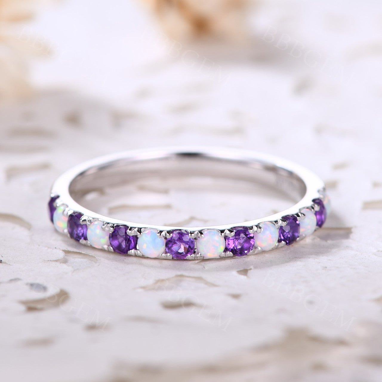 Opal Amethyst Wedding Band Ring - Half Eternity Stackable Ring for Women - 925 Sterling Silver Anniversary Gift for Her - Perfect for Bridal Jewelry, Stacking Rings & Special Occasions