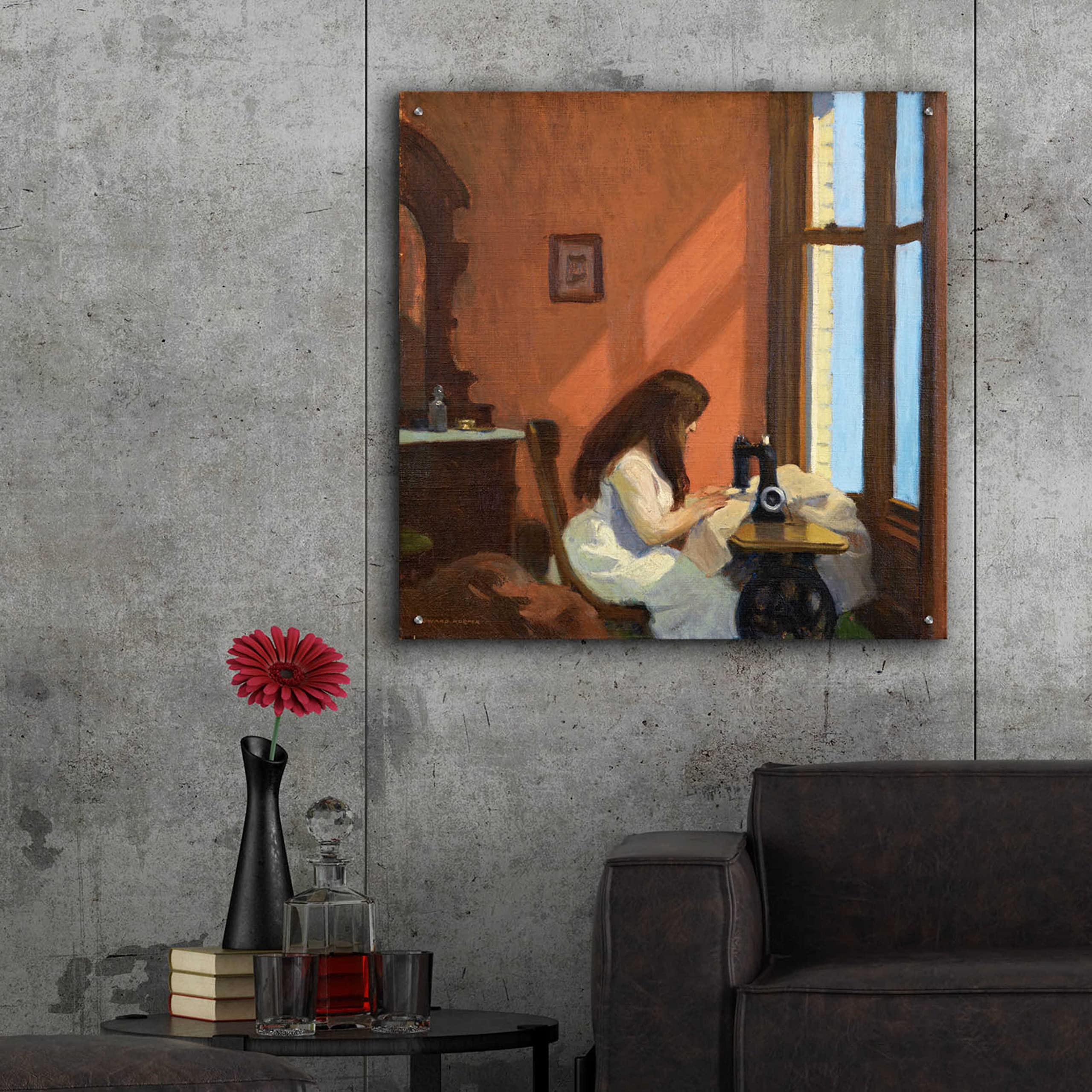 Edward Hopper 'Girl at Sewing Machine 1921' Acrylic Glass Wall Art Print - 36x36 Inches Modern Home Decor for Living Room, Bedroom & Office