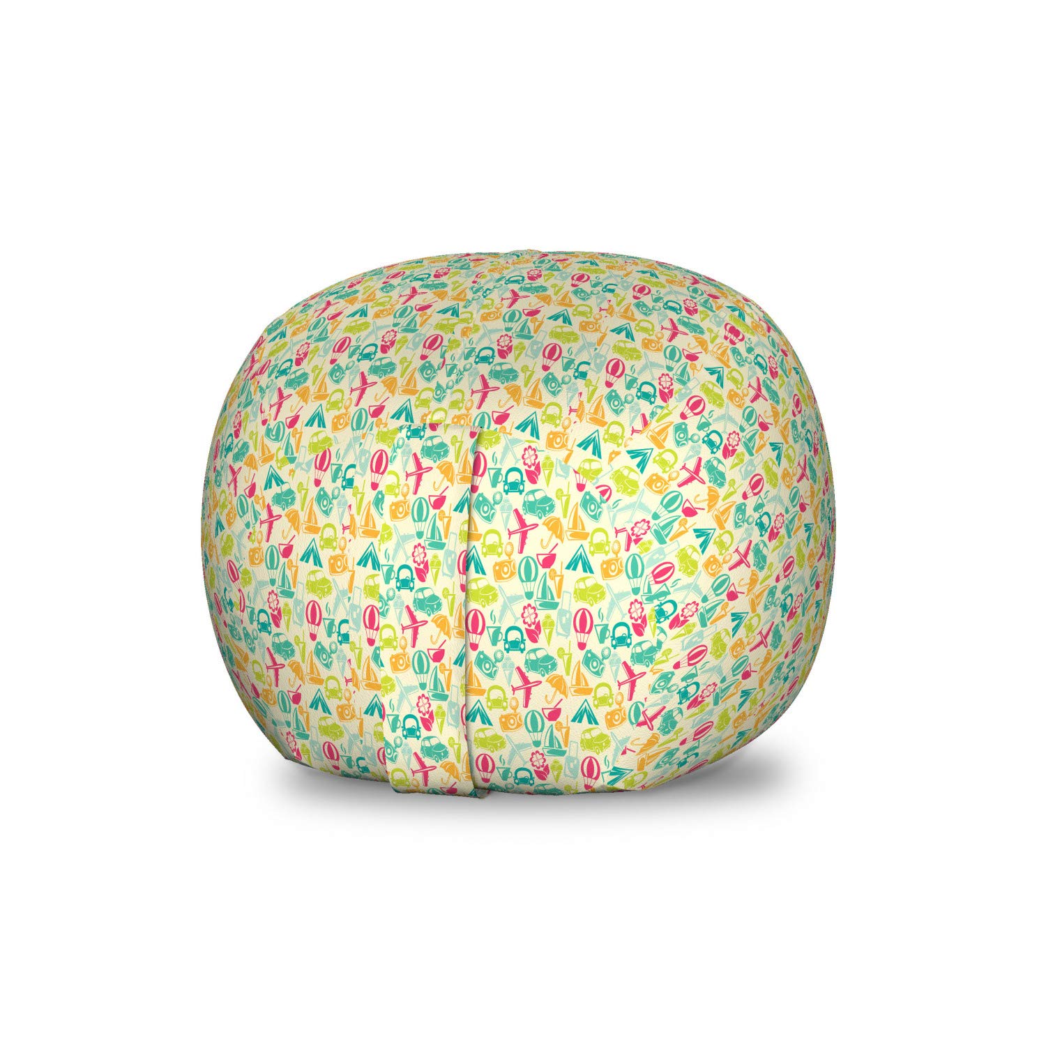Ambesonne Travel Storage Toy Bag Chair - Retro Air Balloon Camera Classic Cars Design, Washable Stuffed Animal Organizer for Kids Room, Small Size Eggshell Multicolor - Perfect for Nursery, Playroom & Travel Organization
