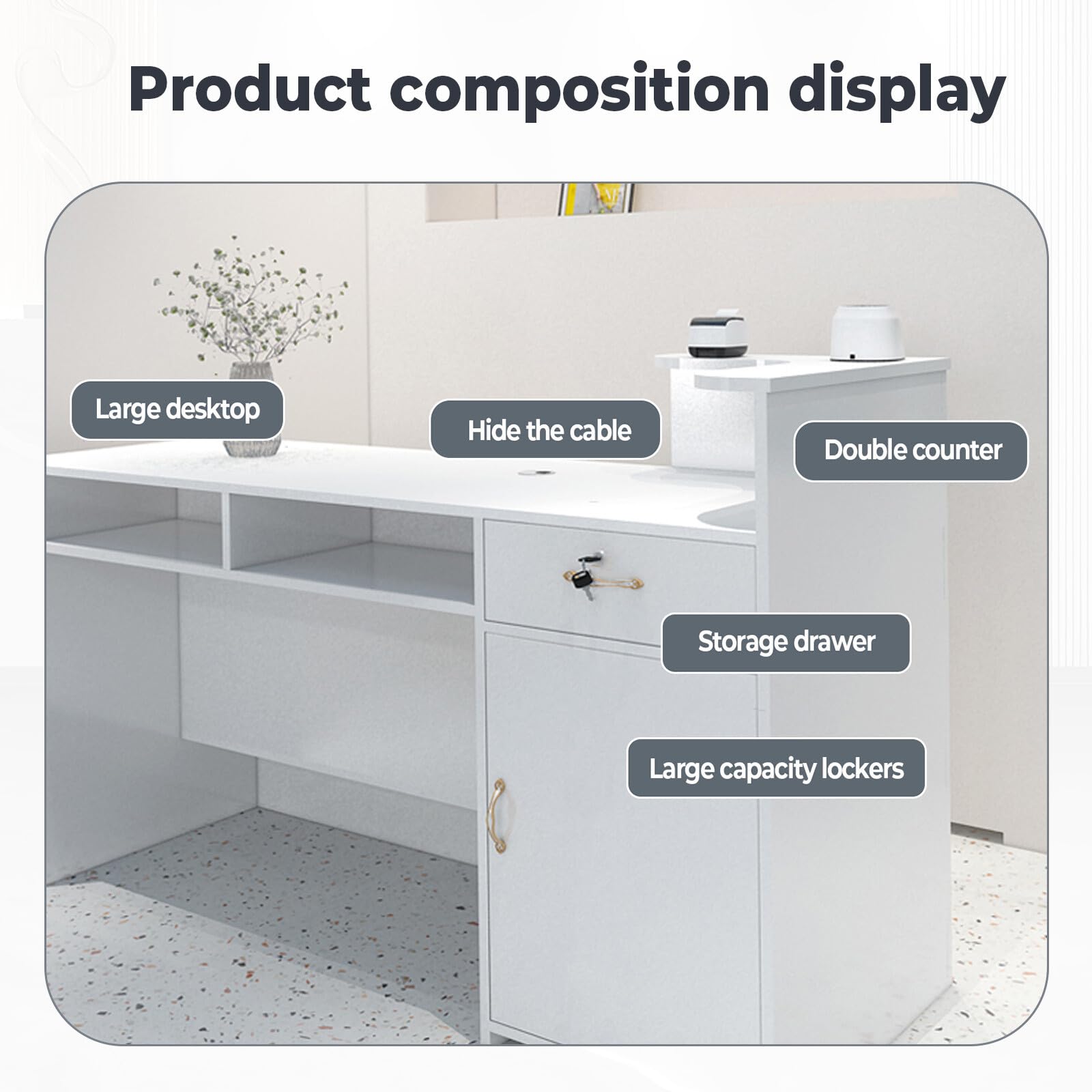 Modern Wooden Reception Desk with Lockable Drawer & Open Shelves - 39.37