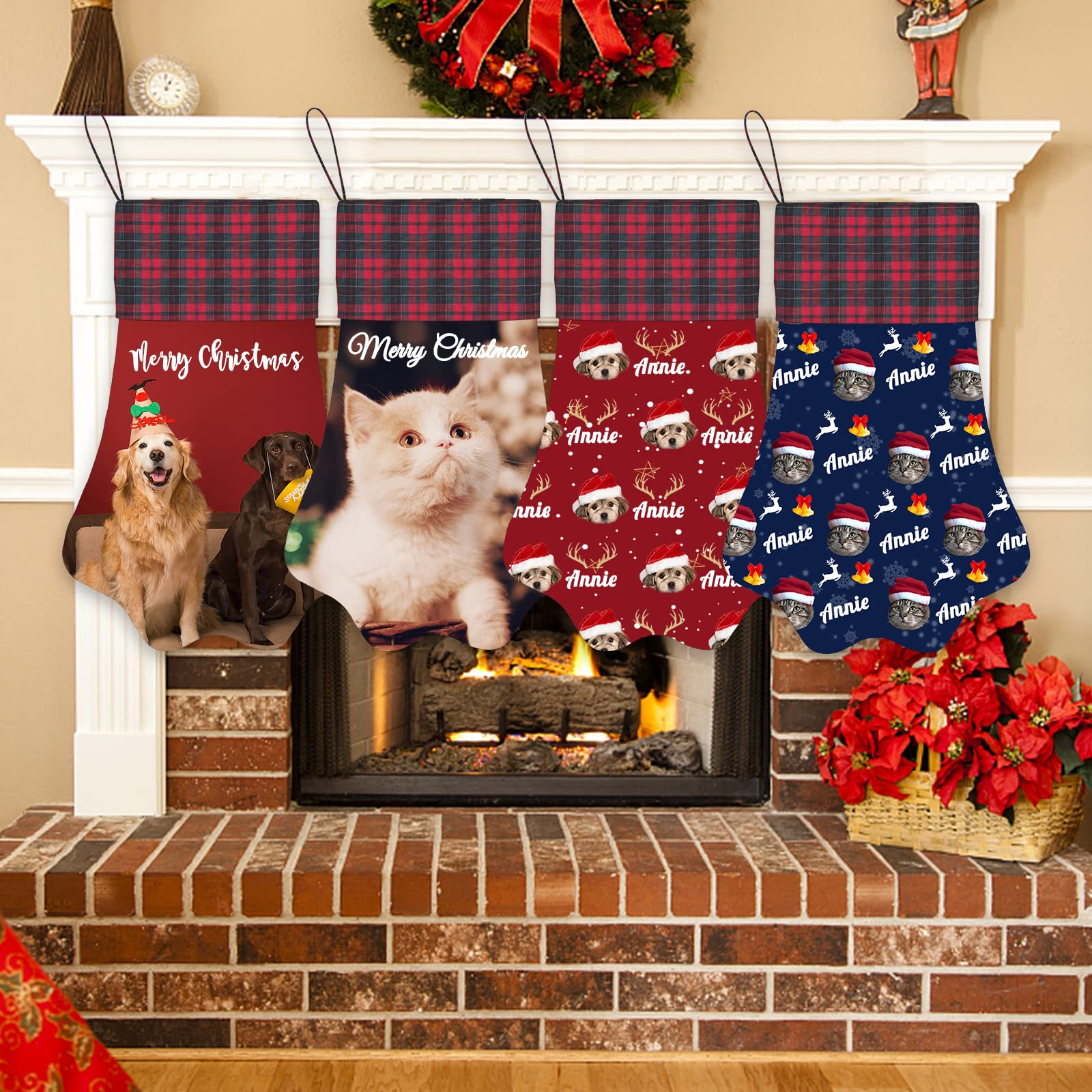**Custom Personalized Christmas Stockings for Dogs & Cats - Large 17 Inch Paw Shape Pet Stocking with Name & Photo - Handmade Xmas Hanging Candy Bag for Holiday Decor & Gift Giving**