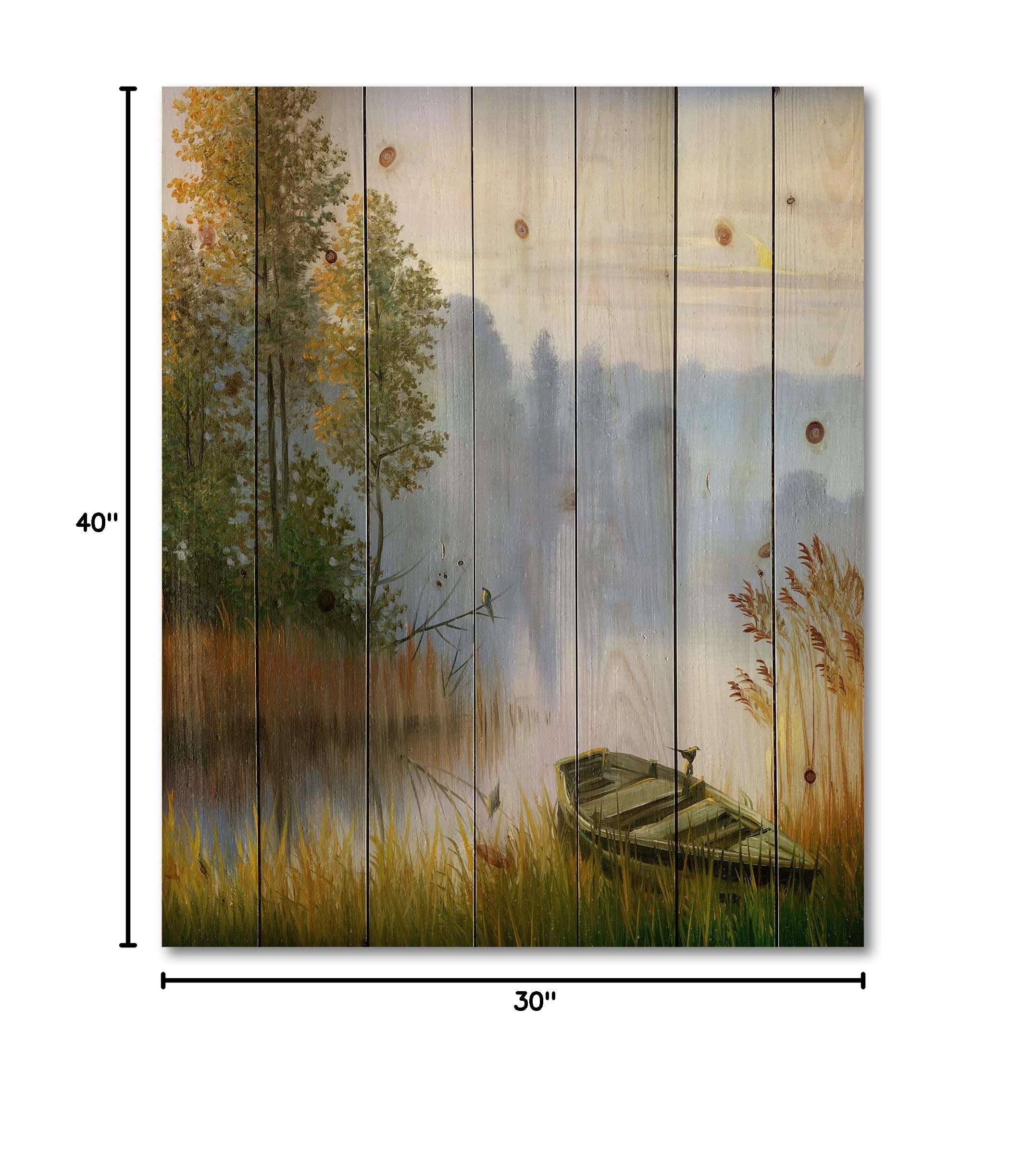 DesignQ Traditional Wood Wall Art - Lake Boat Landscape on Natural Pine Wood, Blue Wood Wall Decor for Living Room, Bedroom & Office
