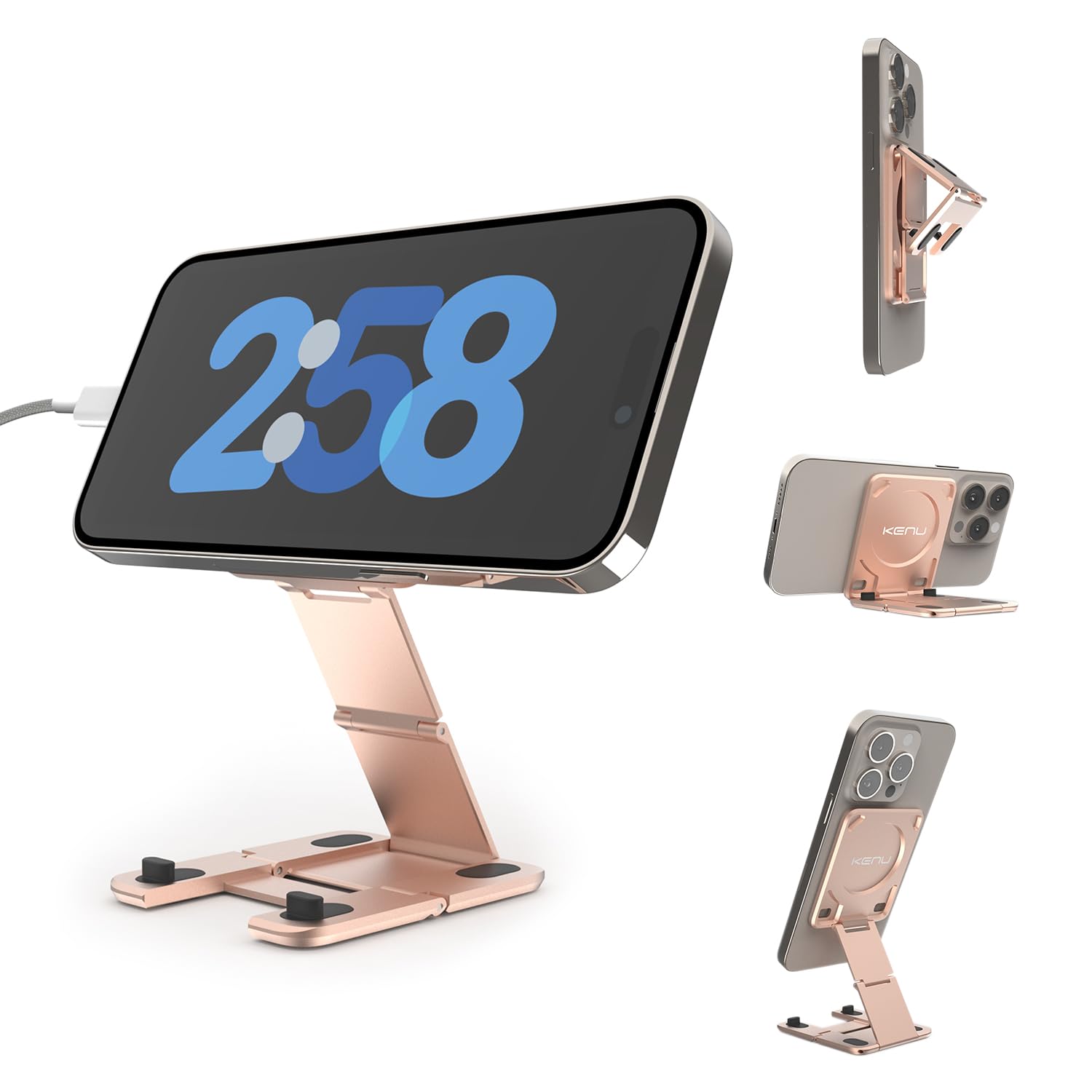 Kenu Stance+ 10-in-1 MagSafe Super Gadget - Magnetic Phone Tripod Stand, Car Vent Mount, Dashboard & CD Slot Holder, Finger Grip, Airplane Tray Table Mount, Selfie Stick (Rose Gold) - Perfect for Travel, Work & Hands-Free Video Calls