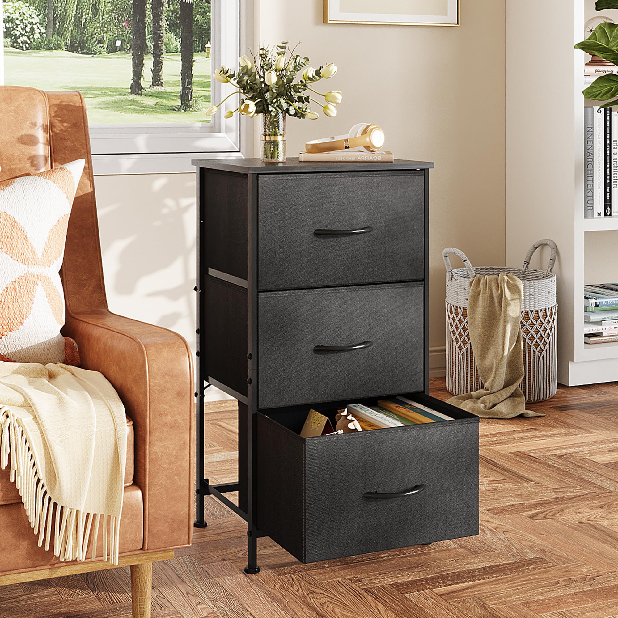 WLIVE 3-Drawer Fabric Dresser with Wood Top & Steel Frame - Sturdy Storage Organizer for Bedroom, Hallway, Entryway & Closets - Easy Pull Handle in Charcoal Black | Perfect for Small Space Organization & Bedroom Storage Solutions