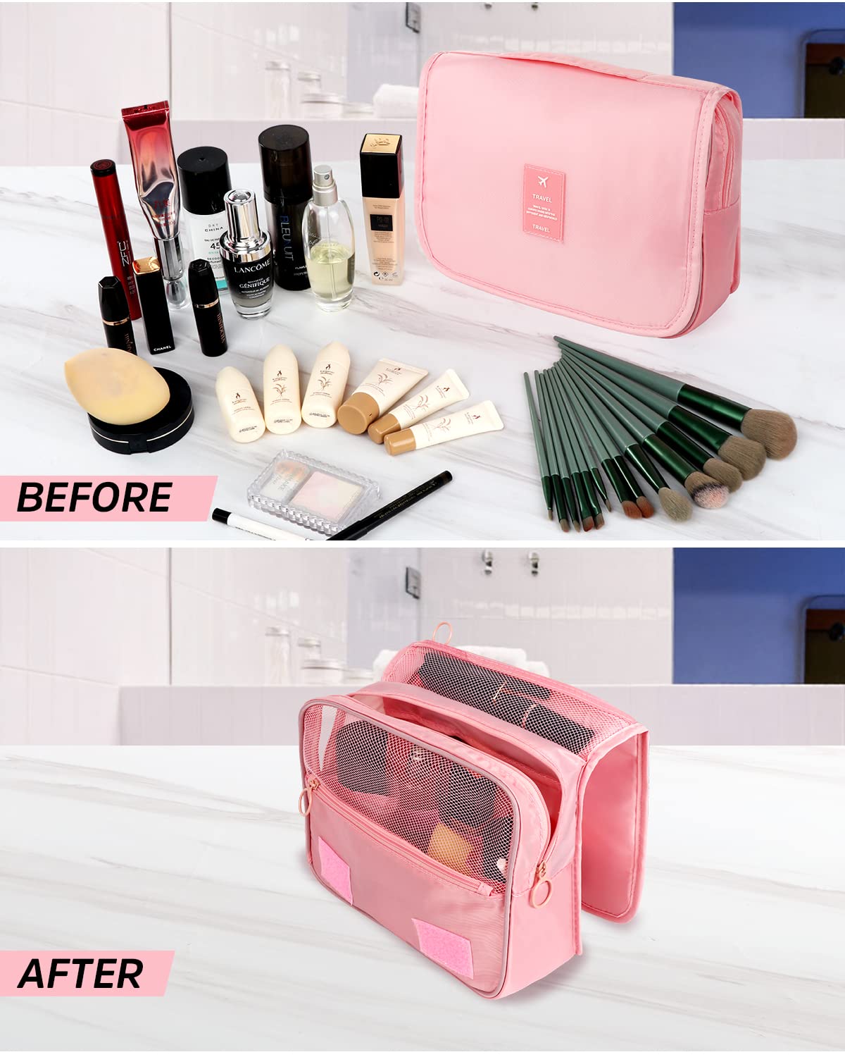 Waterproof Hanging Makeup Bag for Women - Travel Toiletry Organizer with Clear Window & Hook | Cosmetic Storage for Bathroom, Shower & On-the-Go | Pink Travel Accessories
