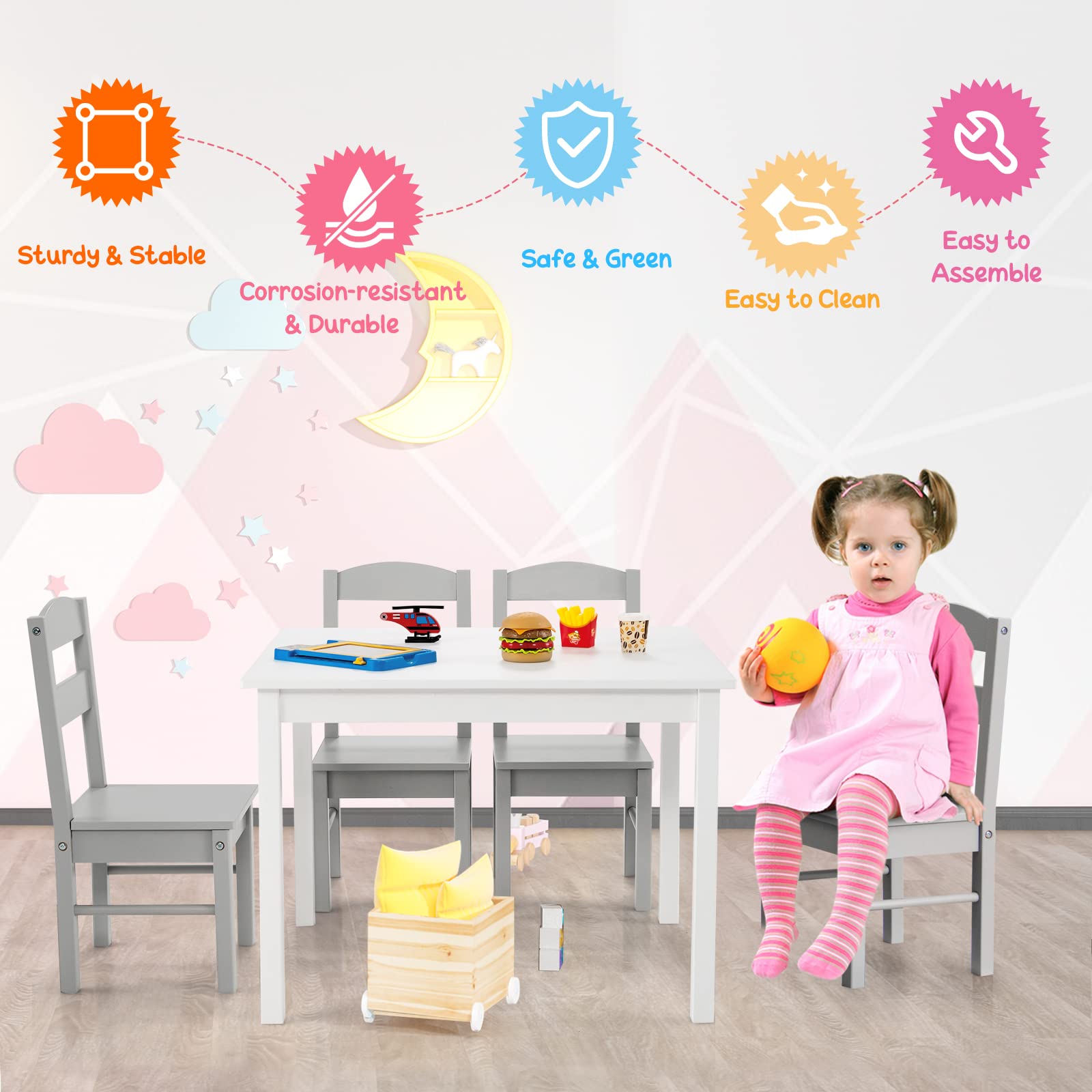 Costzon 5-Piece Kids Wooden Table and Chair Set - Toddler Activity Table for Arts, Crafts, Homework & Snack Time - Preschool Furniture Gift for Boys & Girls (Grey & White) - Perfect for Playrooms, Daycares & Homeschooling
