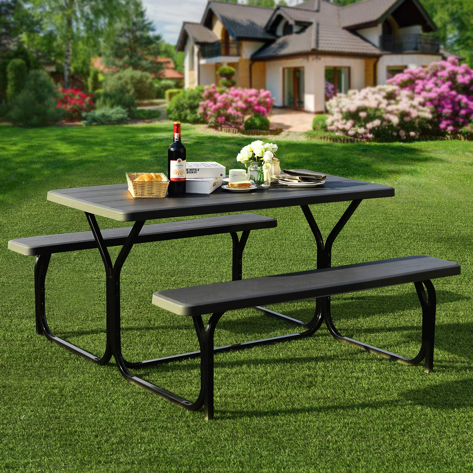 Giantex 6-Foot Outdoor Picnic Table Set - All-Weather Metal Frame with Wood-Like Texture - Heavy Duty Backyard, Poolside, Camping, Garden, Deck, Patio Furniture for Adults & Family Gatherings (Black)