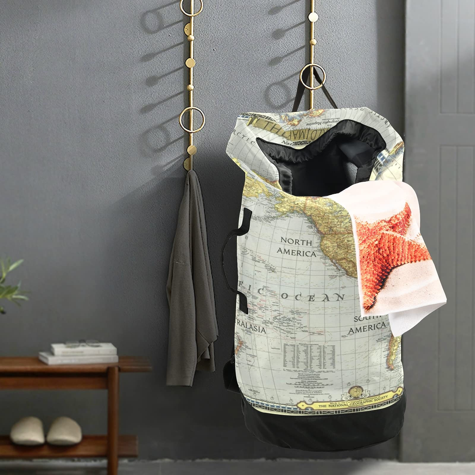 Xigua World Map Laundry Backpack with Shoulder Straps - Portable Drawstring Clothes Hamper for College Students, Travel, Laundromat & Apartment - Perfect for Dorm Rooms, Camping Trips and Gym Use