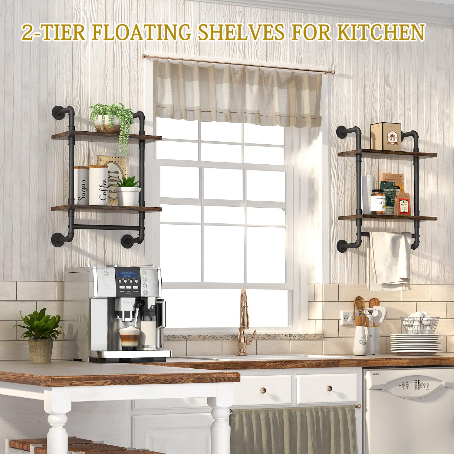 Helsin Industrial Pipe Floating Bathroom Shelves - 2 Tier Rustic Wood Wall Shelf with Metal Towel Bar, 16 Inch Wall Mounted Storage Rack for Bathroom, Kitchen, Farmhouse & Living Room - Perfect for Organizing Towels, Books & Decor in Small Spaces