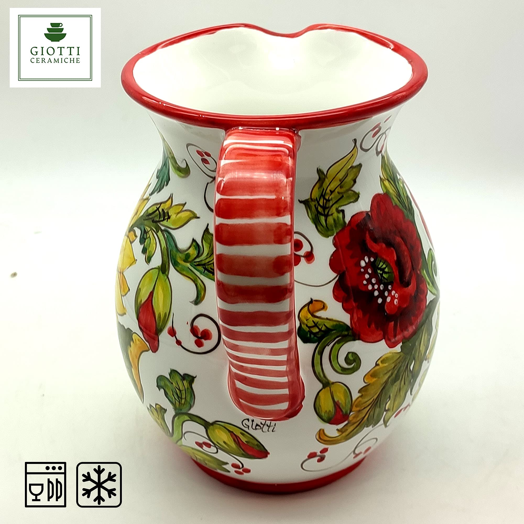 Italian Ceramic Pitcher with Poppies & Sunflower Design - 33 oz Hand-Painted Kitchen Utensil Holder, Carafe & Wine Decanter - Authentic Tuscan Pottery from Italy - Elegant Home Decor for Dining Room, Kitchen & Wine Bar