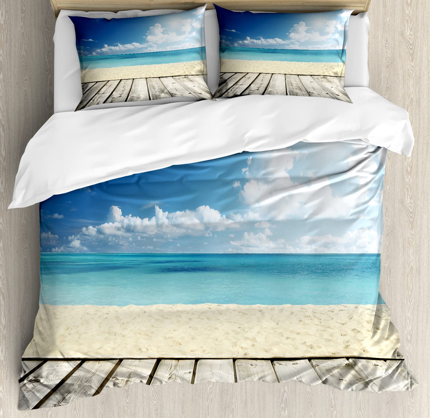 Ambesonne Tropical Beach Duvet Cover Set - Twin Size 2-Pack with 2 Pillowcases, Cream Turquoise White Wooden Pier Seascape Design | Perfect for Coastal & Summer Themed Bedrooms, Beach House Decor