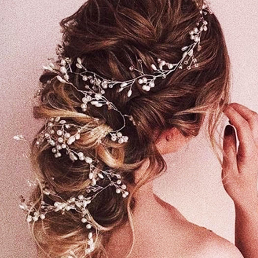 Bride Pearl Hair Vine - Silver Rhinestone Headpiece for Wedding & Bridal - Perfect for Boho & Vintage Styles