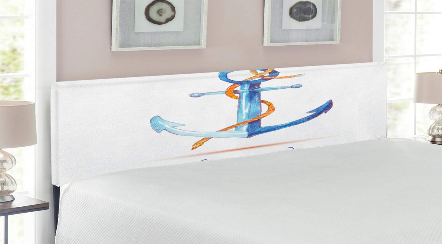 Ambesonne Anchor Headboard - Watercolor Anchor & Travel Sail Emblem Design, Upholstered Metal Bed Headboard with Memory Foam, King Size, Blue White Brown - Perfect for Nautical Themed Bedrooms & Coastal Home Decor