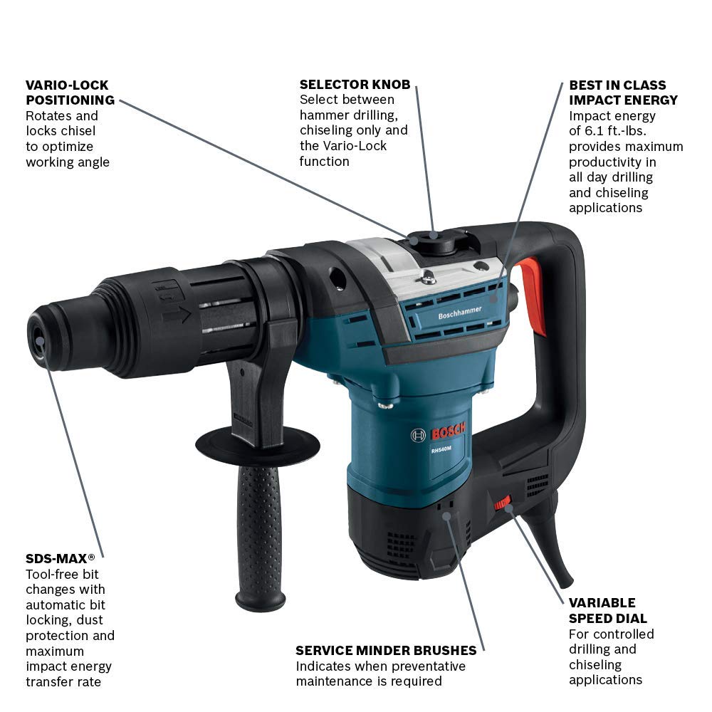 BOSCH RH540M 1-9/16-Inch SDS-Max Rotary Hammer with HS1911 1-Inch x 12-Inch Flat Chisel - Heavy-Duty Concrete Demolition & Drilling Tool for Construction Professionals