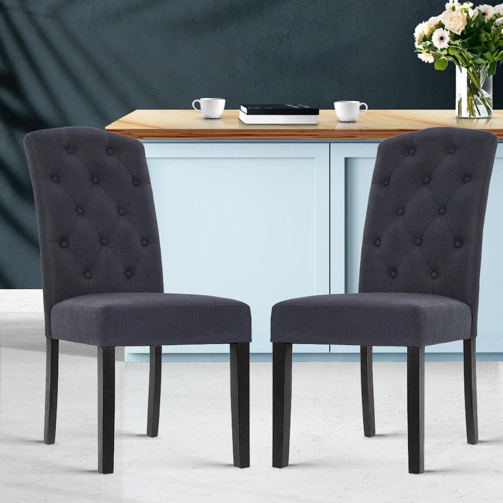 French Provincial Dining Chairs Set of 2 - Grey Fabric Padded High Back Kitchen Chairs with Pine Wood Frame - Perfect for Cafe, Breakfast Nook & Farmhouse Dining Room