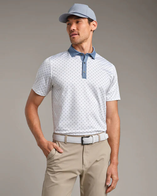 Rhone Men's Performance Golf Polo Shirt - Moisture-Wicking, Breathable & UV Protection - Blue Stone Foulard Print - Ideal for Golf, Tennis & Casual Wear