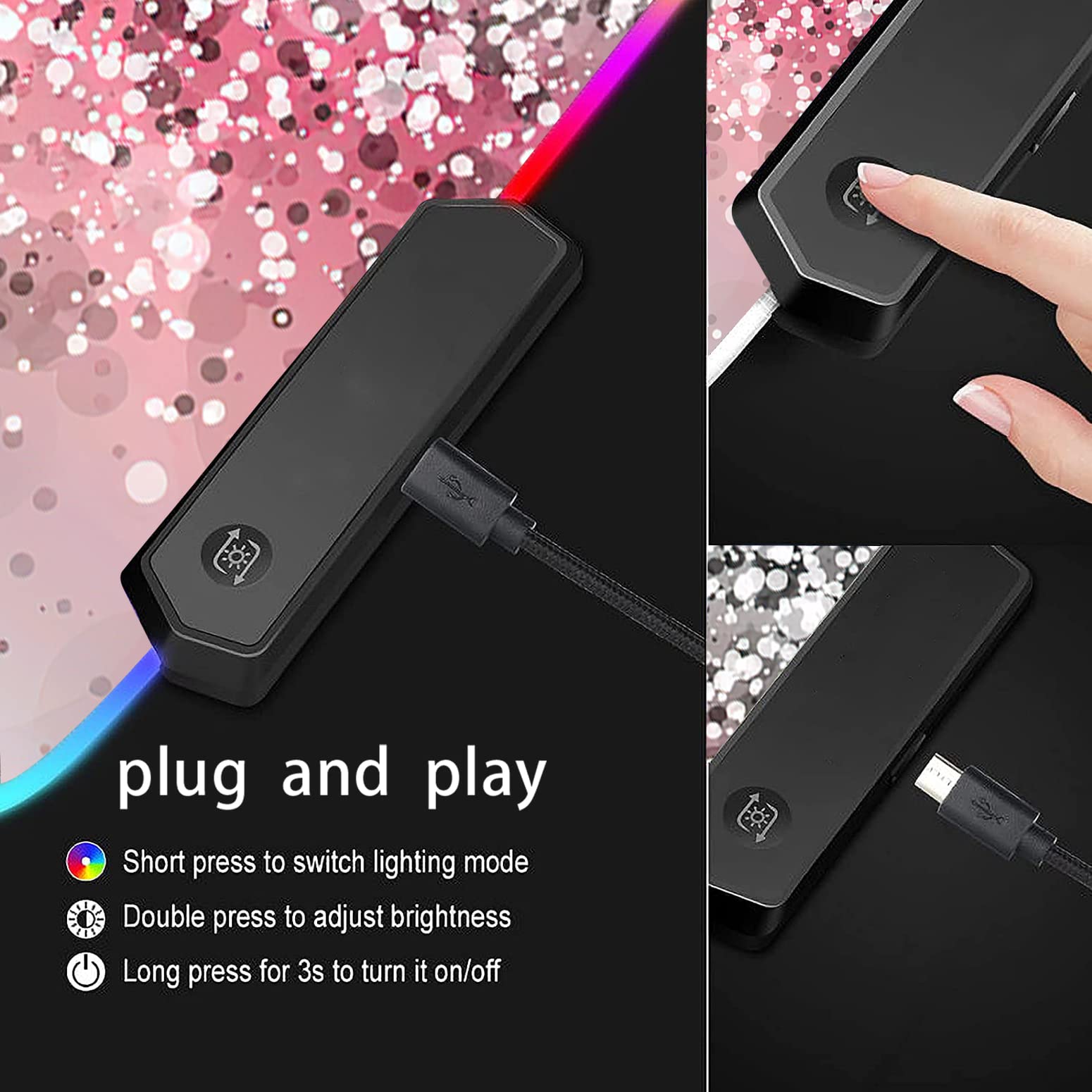 RGB Gaming Mouse Pad with LED Lights - Large Non-Slip Waterproof Desk Mat for Keyboard & Mouse - Pink Sparkles Glitter Pattern - Perfect for PC Gaming, Office Work & Streaming Setup