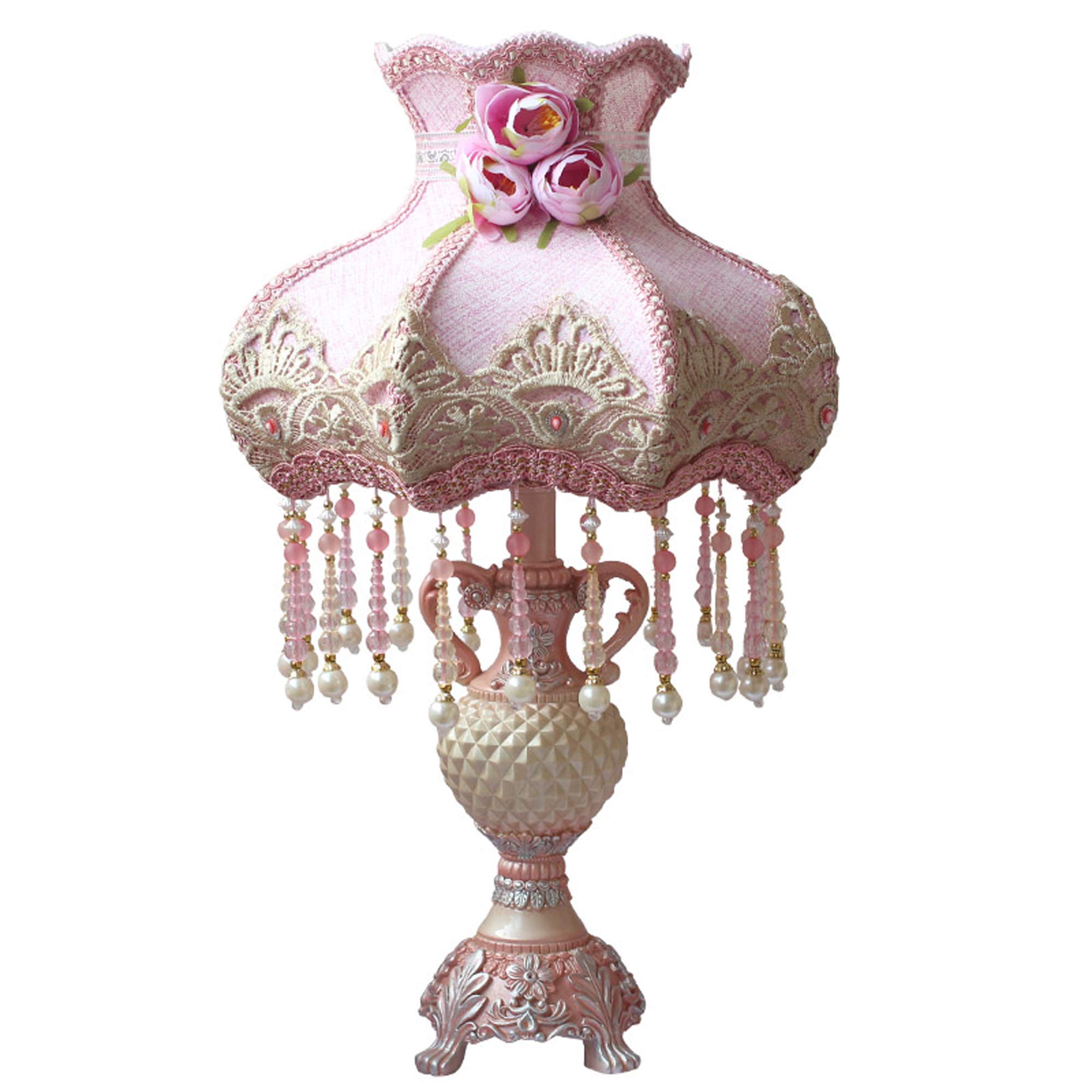 13 Inch European-Style Table Lamp - Handmade Fabric Victorian Princess Bedside Lamp with Resin Brown Painted Body & Pink Shade for Bedroom, Living Room, Office Desk Decor