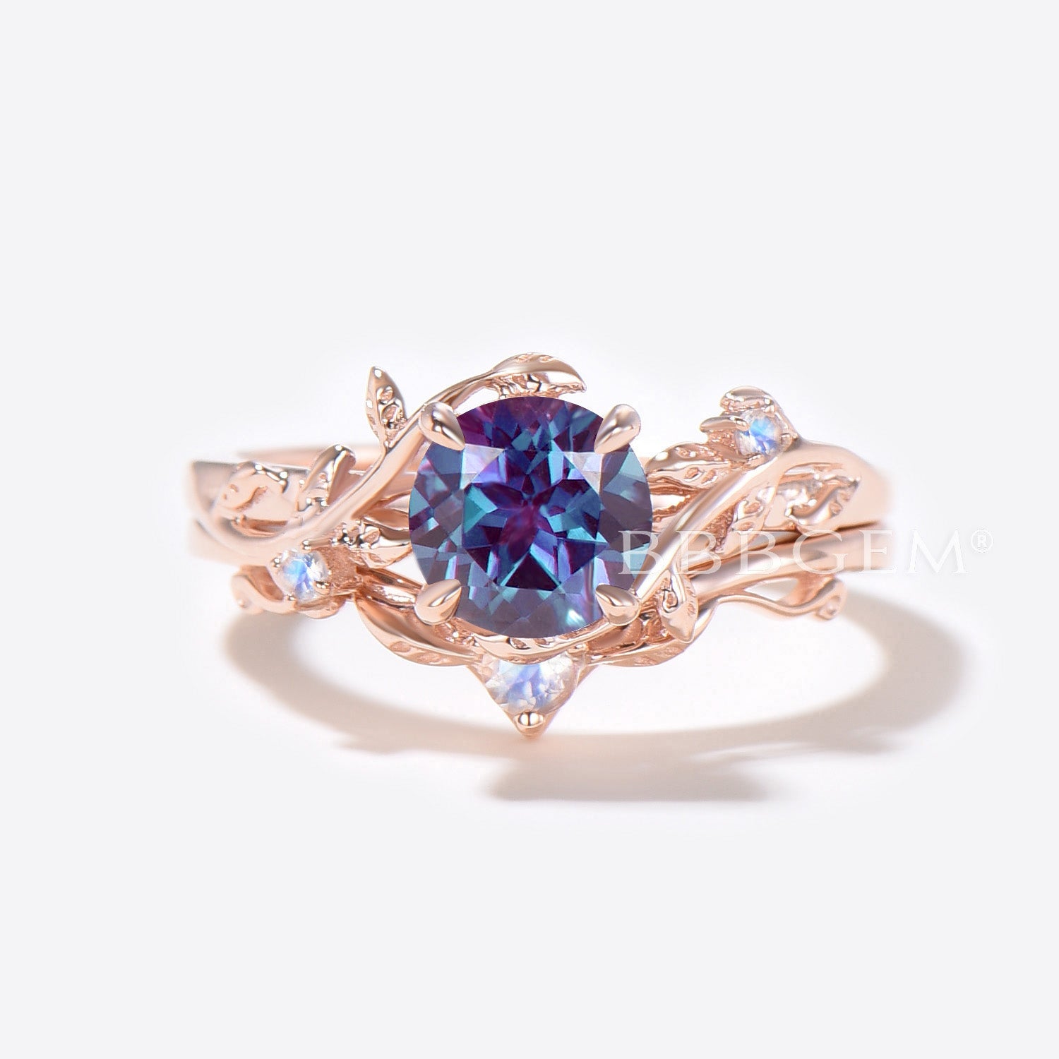 Rose Gold Leaf Round Alexandrite Engagement Ring Set - Vintage Branch Vine Moonstone Wedding Band - Perfect for Bridal Jewelry, Anniversary Gifts & Romantic Proposals