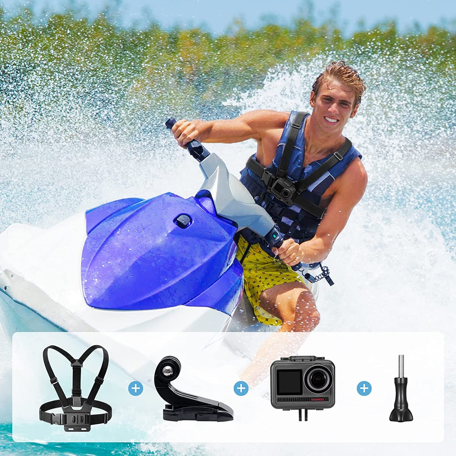 AKASO Waterproof Action Camera Jet Ski Kit - Compatible with EK7000, EK7000 Pro, Brave 4, Brave 4 Pro, Brave 7 LE, Brave 7, V50X, V50 Pro, V50 Elite & Most Action Cameras - Perfect for Jet Skiing, Surfing, Kayaking & Water Sports Adventures