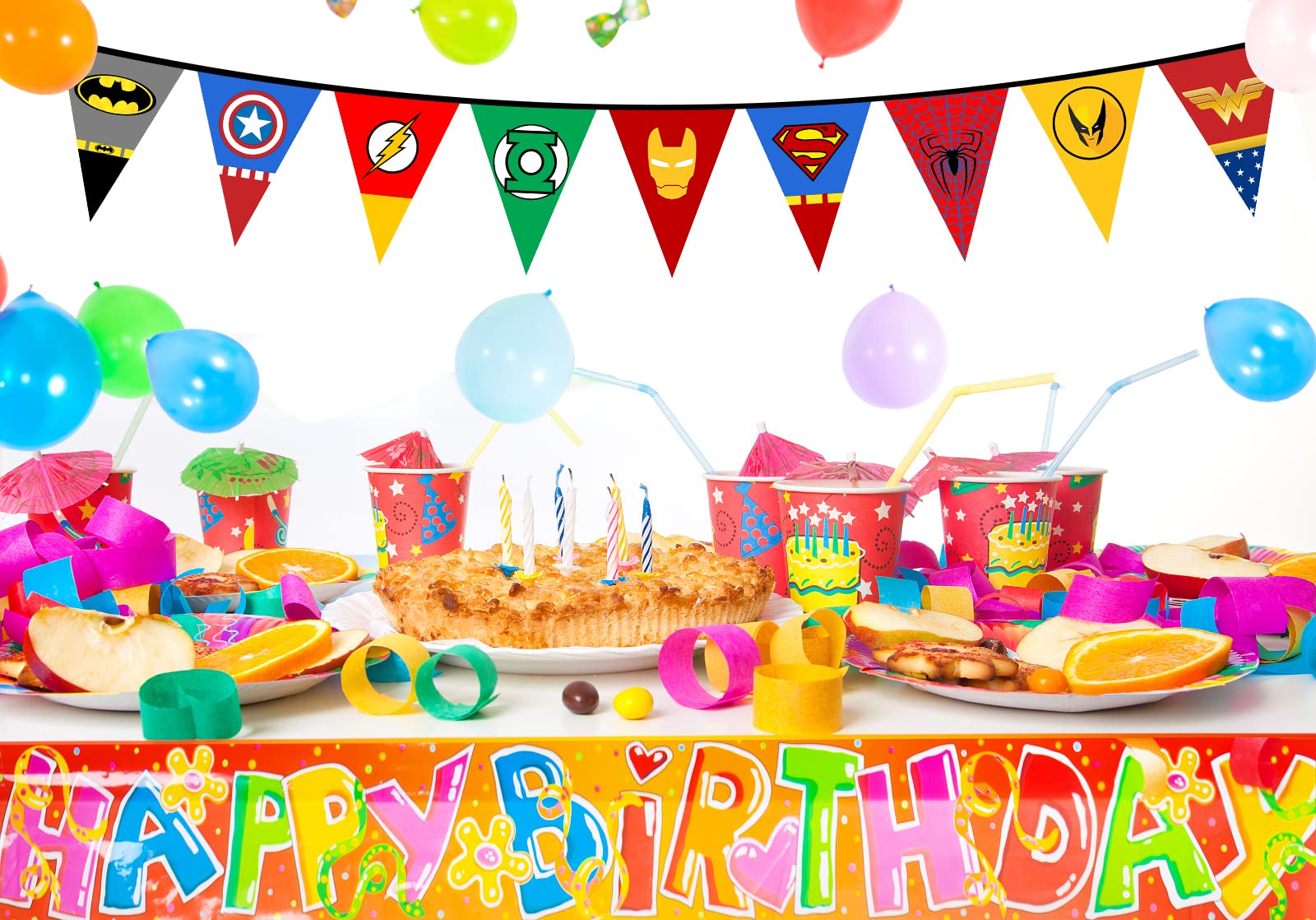 Superhero Birthday Banner - Happy Birthday Party Decorations for Kids & Adults - Fabric Pennant Garland for Baby Shower, Boys & Girls Room Decor - Perfect for Superhero Themed Parties & Home Decor