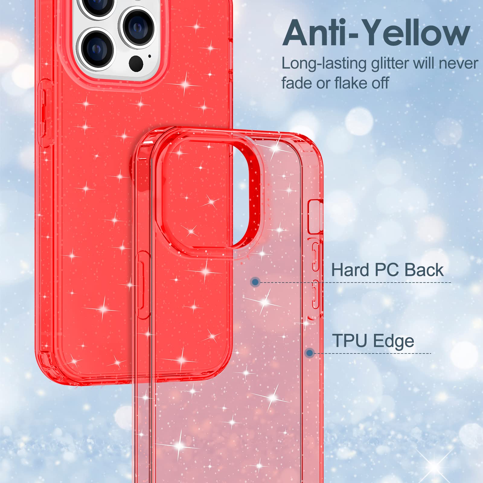 Hython Glitter Case for iPhone 13 Pro Max - Sparkly Clear Bling Shockproof Protective Cover | Anti-Scratch Hard PC Slim Fit Phone Case for Women & Girls (Red Glitter) | Perfect for Everyday Use, Parties & Gifts