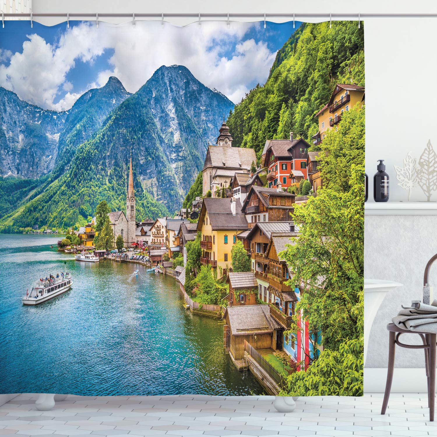 Ambesonne Wanderlust Shower Curtain - Hallstatt Mountain Village Lake Austrian Alps Scenery, 69x84 Inch Waterproof Fabric Bathroom Decor with Hooks, Green Blue - Perfect for Nature Lovers' Bathroom & Vacation Home Decor