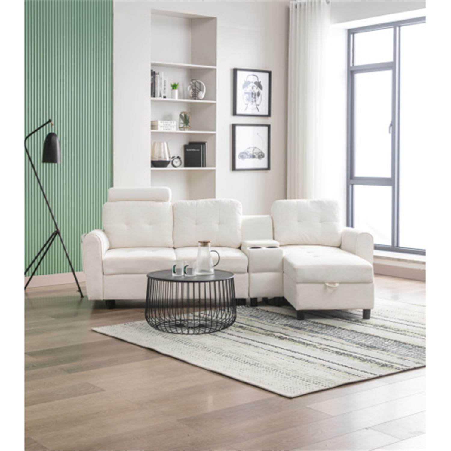 Modern L-Shaped Sectional Sofa with Storage Chaise - 3-Seater Fabric Upholstered Couch with 2 Cup Holders & Side Pockets - Cozy Living Room Furniture for Apartments, Offices & Small Spaces (White) - Perfect for Entertaining Guests or Relaxing with Family