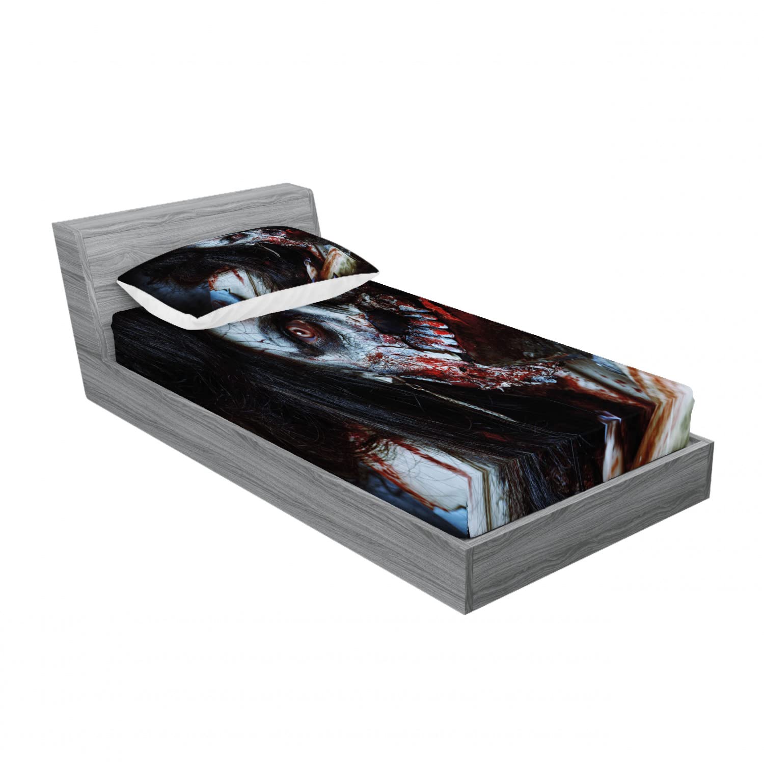 Ambesonne Zombie 2-Pack Twin XL Fitted Sheet & Pillow Sham Set - Bloody Woman Horror Theme Bedding (4-Piece) - Perfect for Halloween Decor, Horror Movie Nights & Gothic Bedroom Design