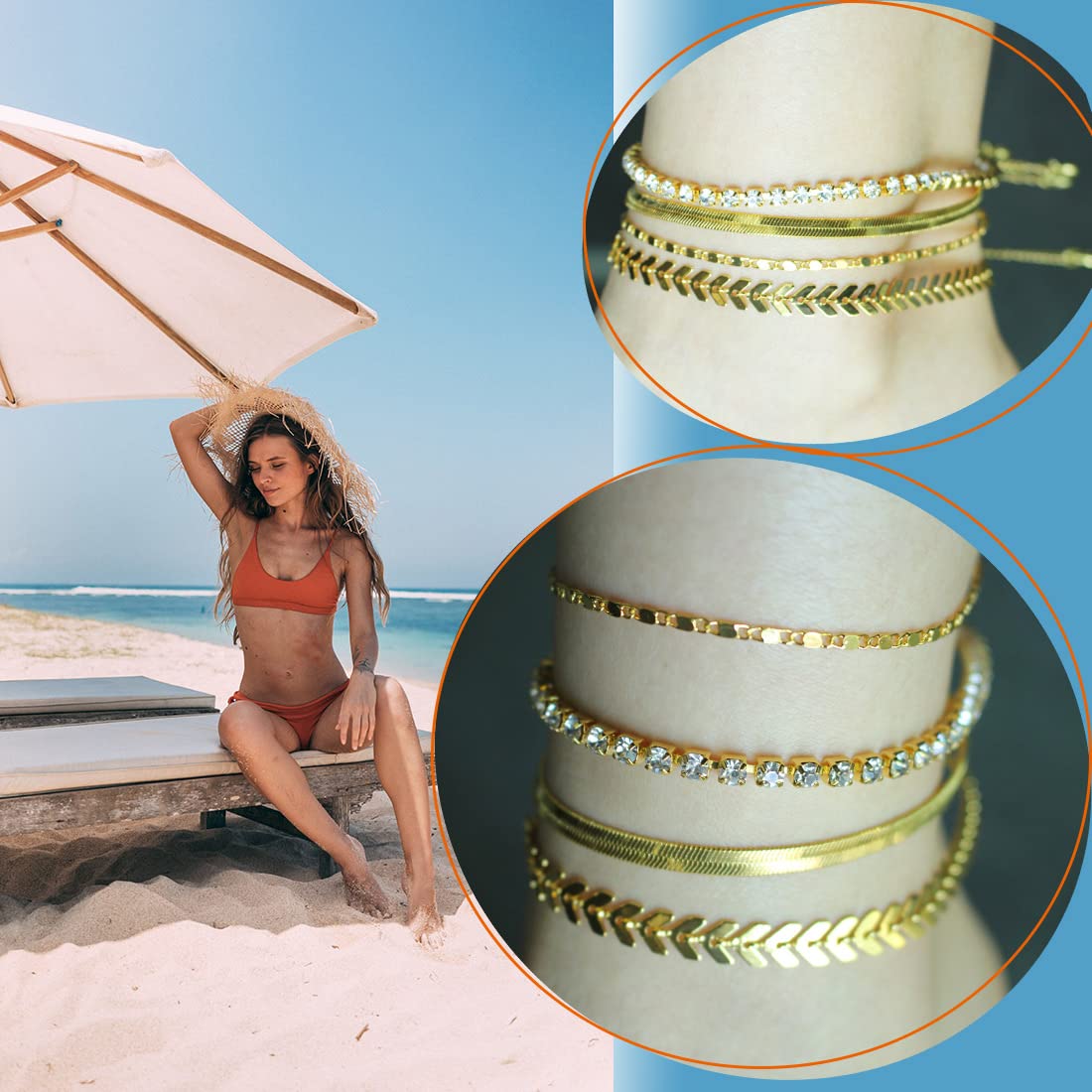 4 Pcs 18K Gold Plated Women's Anklet Bracelet Set with Cubic Zirconia - Elegant Layered Foot Jewelry for Beach, Vacation & Summer Outfits