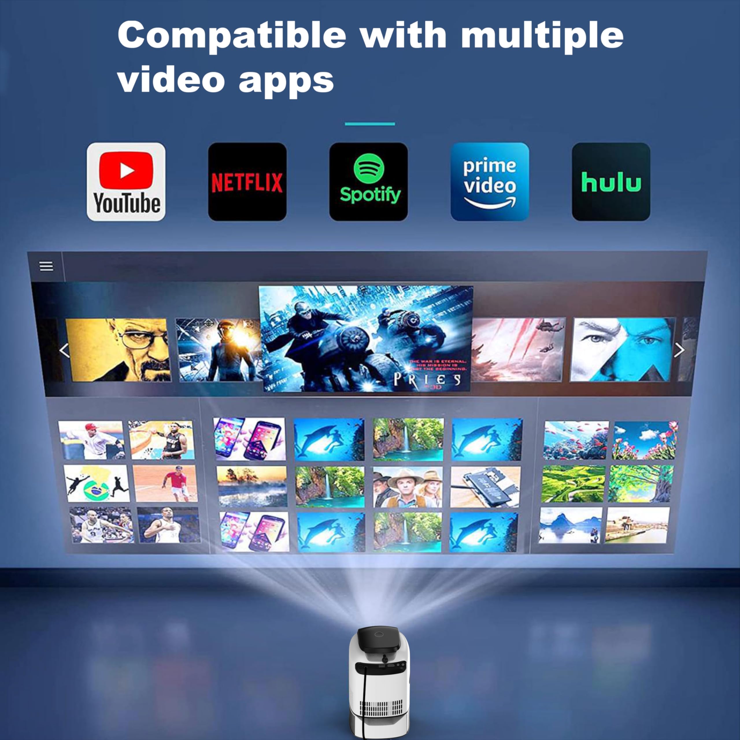 Unitedtime 1080P WiFi Bluetooth Projector with 4K Support, Built-in Stand - Home Theater Projector for Movies, Gaming, Streaming | Compatible with HDMI, USB, PC, TV Box, iOS & Android Devices (White_TS1) - Perfect for Home Entertainment, Outdoor Movie Nights, and Office Presentations