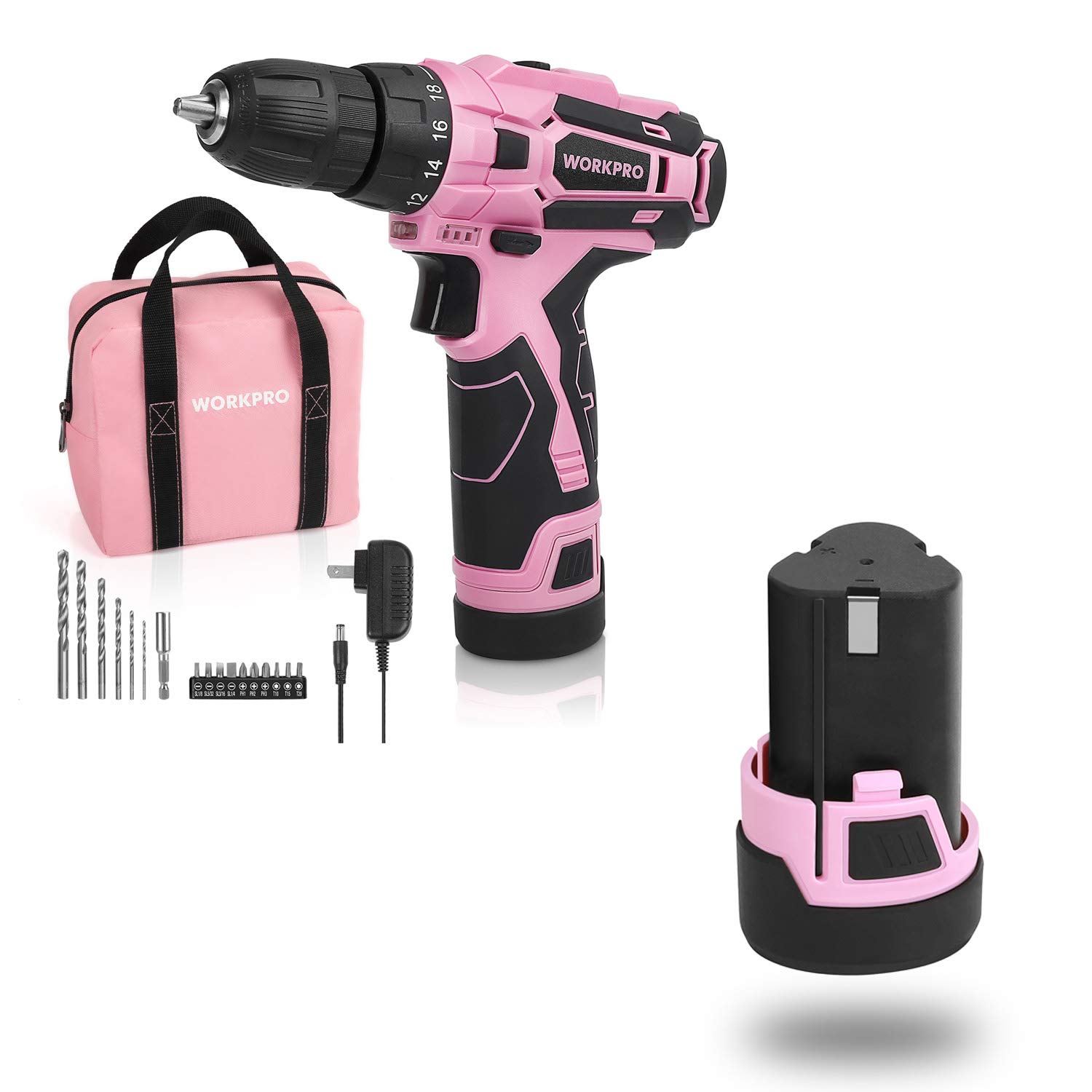 WORKPRO 20V Pink Cordless Drill Driver Set with 2 Lithium-Ion Batteries - Lightweight Power Tool for DIY Home Projects, Woodworking & Furniture Assembly