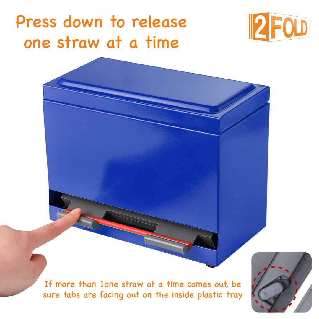 2Fold Stainless Steel Straw Dispenser - Eco-Friendly Drinking Straw Holder for Bulk Paper & Plastic Straws - Includes Custom Label Stickers (Blue) | Perfect for Restaurants, Cafes & Home Use