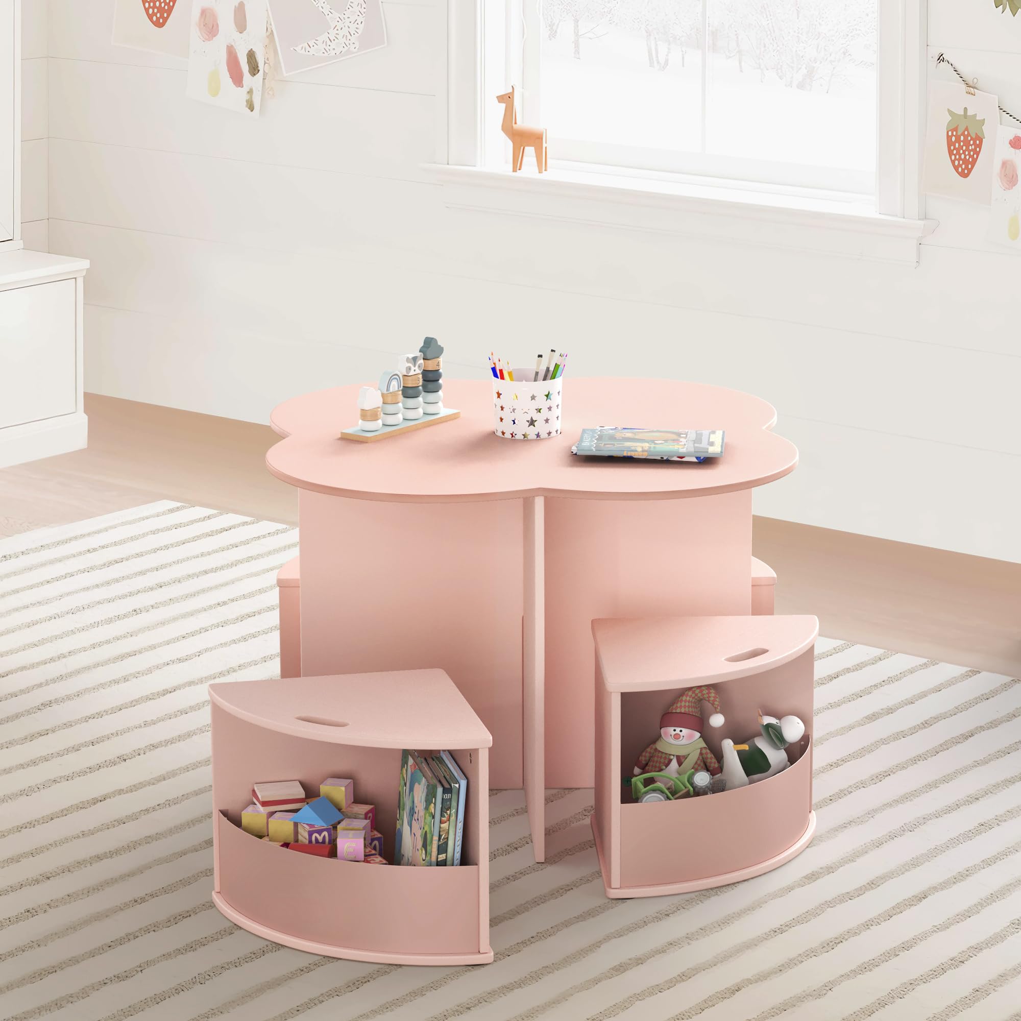 **Pink Flower-Shaped Kids Table and Chair Set with 4 Storage Stools & Built-in Pen Holder - Toddler Activity, Play, Art, Reading & Craft Table - Ideal for Playrooms, Daycares, Homeschooling & Montessori Learning**