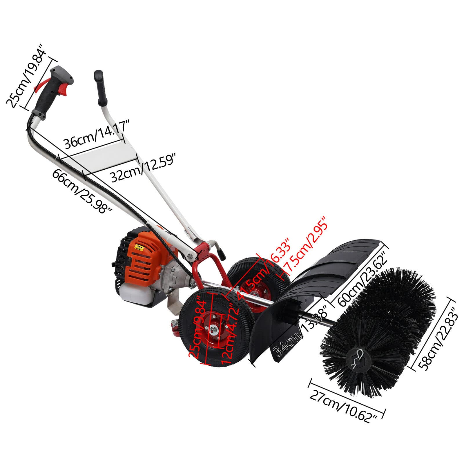 52cc 2 Stroke Gas Powered Handheld Sweeper Broom - Dual Handle Snow Blower & Lawn Cleaner for Driveway, Artificial Grass, Snow Removal - Long Reach Walk Behind Cleaner with Chainsaw Attachment for Easy Yard Maintenance
