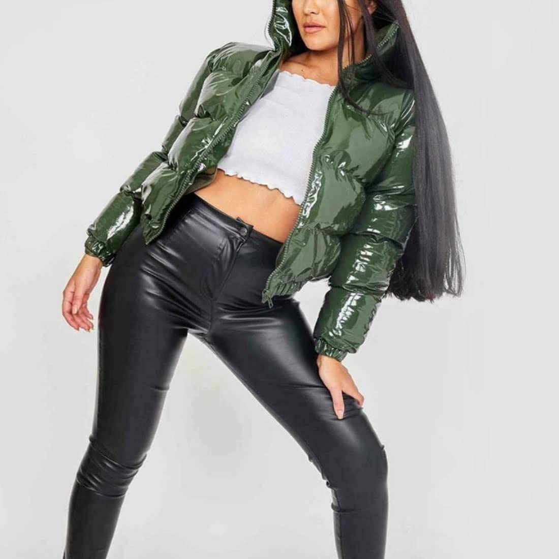 ONLYWOOD Women's Winter Metallic Cropped Puffer Jacket - Warm Cotton-Padded Bubble Coat for Cold Weather, Fashion Outerwear for Street Style and Casual Outings