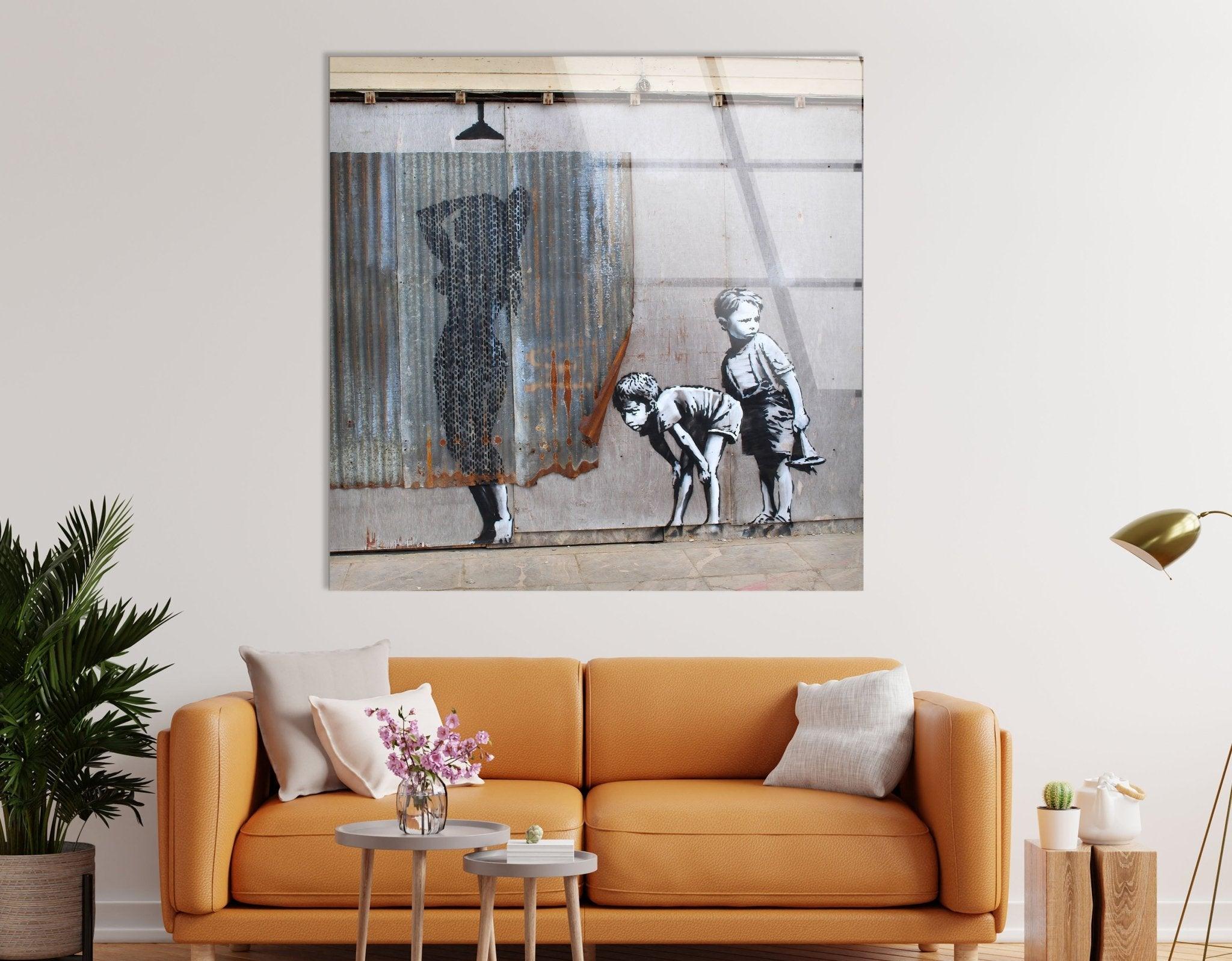 Banksy Shower Peeping Boys Framed Glass Wall Art - Modern Home Decor for Living Room, Bedroom & Office