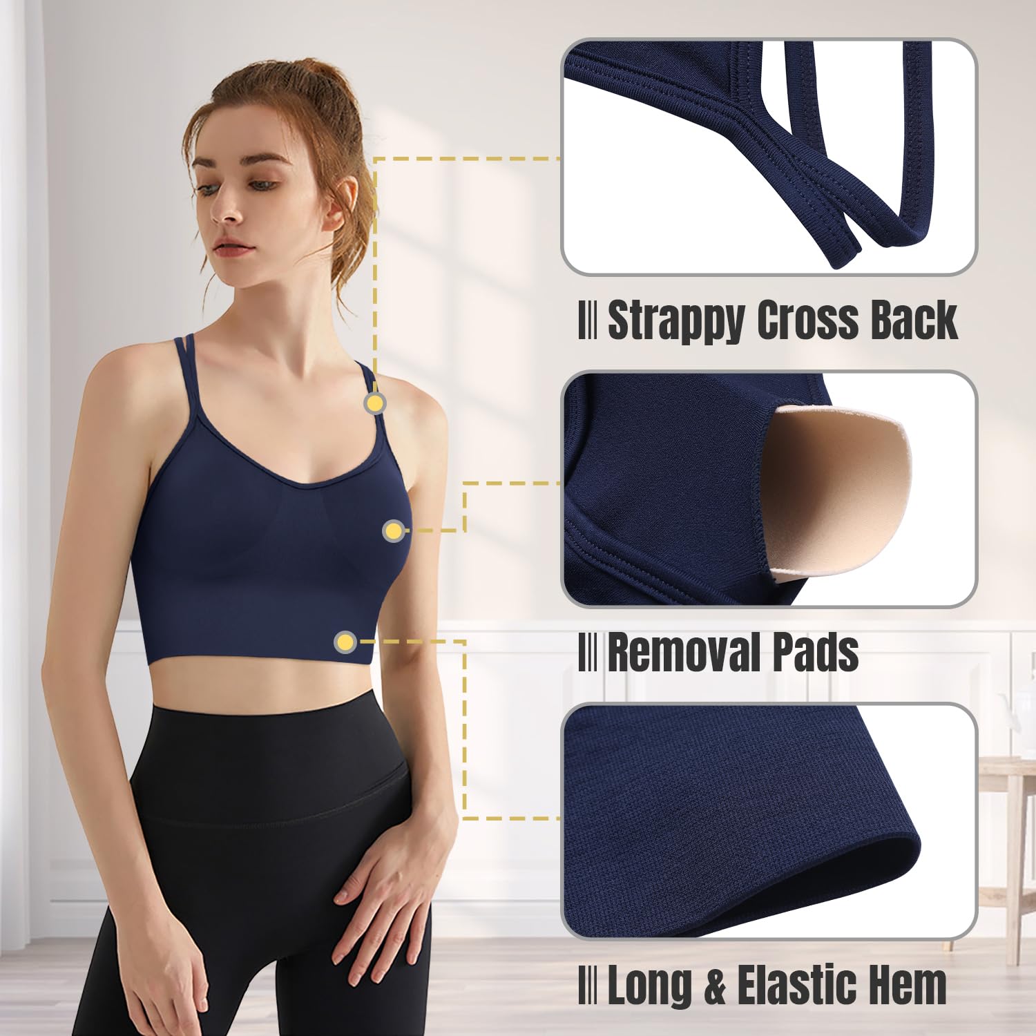VEQKING Women's Cross Back Sports Bra - Medium Support Seamless Yoga Bra with Removable Pads - 3 Pack for Workout, Fitness, Running & Gym
