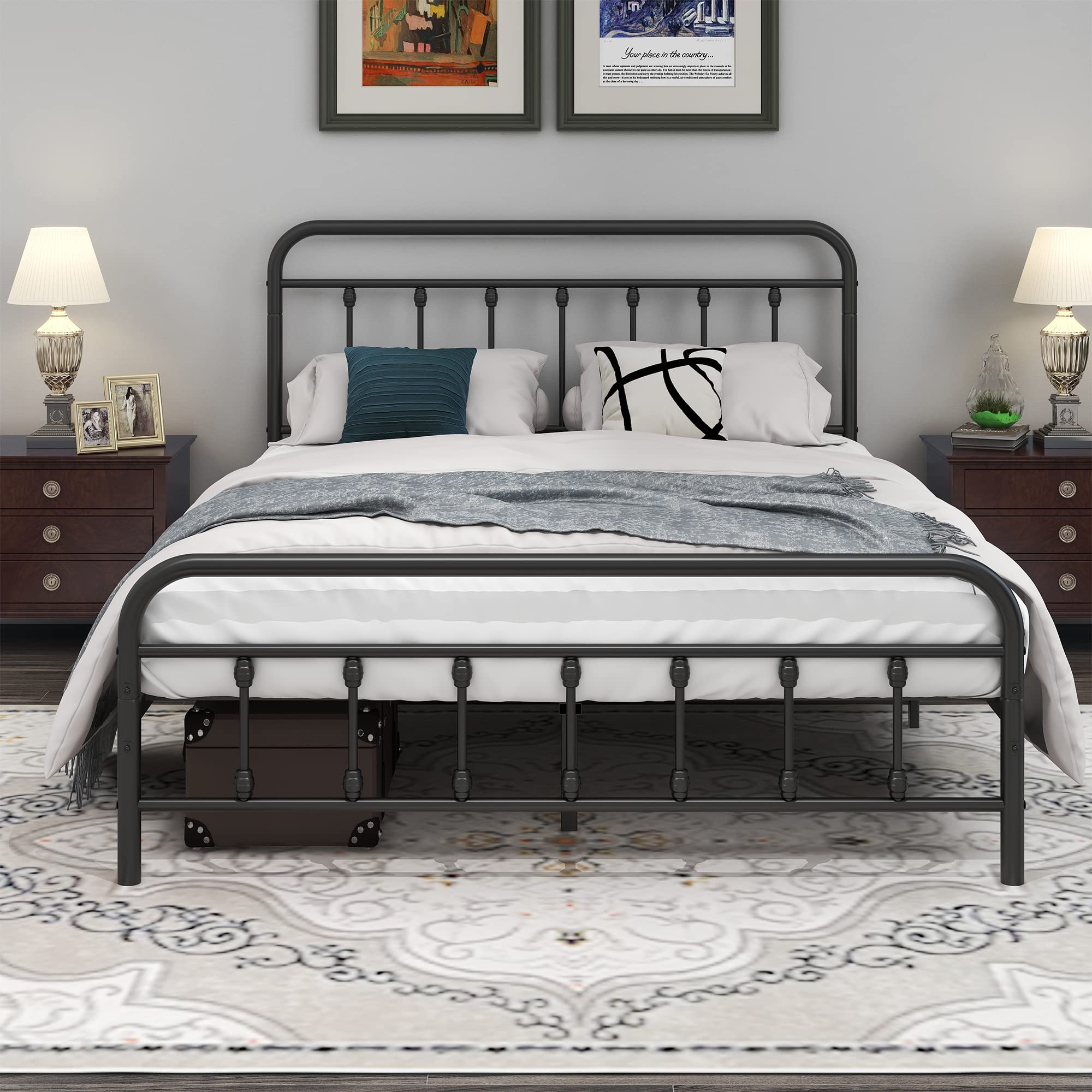 DUMEE Metal Queen Bed Frame with Headboard and Footboard - Farmhouse Style Platform Bed with Under Bed Storage, No Box Spring Needed, Textured Black - Perfect for Guest Rooms, Master Bedrooms & Small Spaces