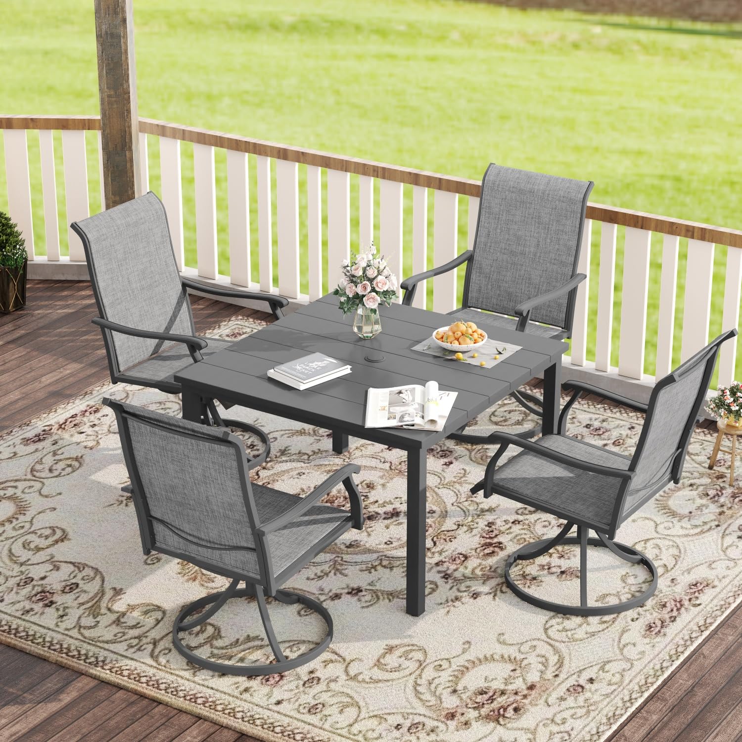 VICLLAX 40.2 Inch Square Outdoor Dining Table for 4 People - All-Weather Metal Patio Table with Umbrella Hole - Grey Garden Table for Lawn, Backyard, Deck & Poolside Dining