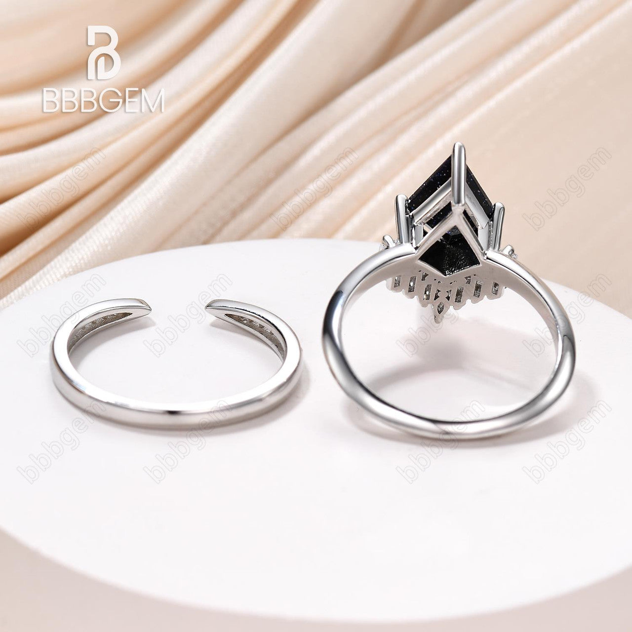 18K White Gold Knife Edge Kite Blue Sandstone Engagement Ring with Cluster Baguette & Pave Moissanite - Elegant Wedding Band, Anniversary Gift for Her - Perfect for Proposals, Bridal Jewelry & Special Occasions