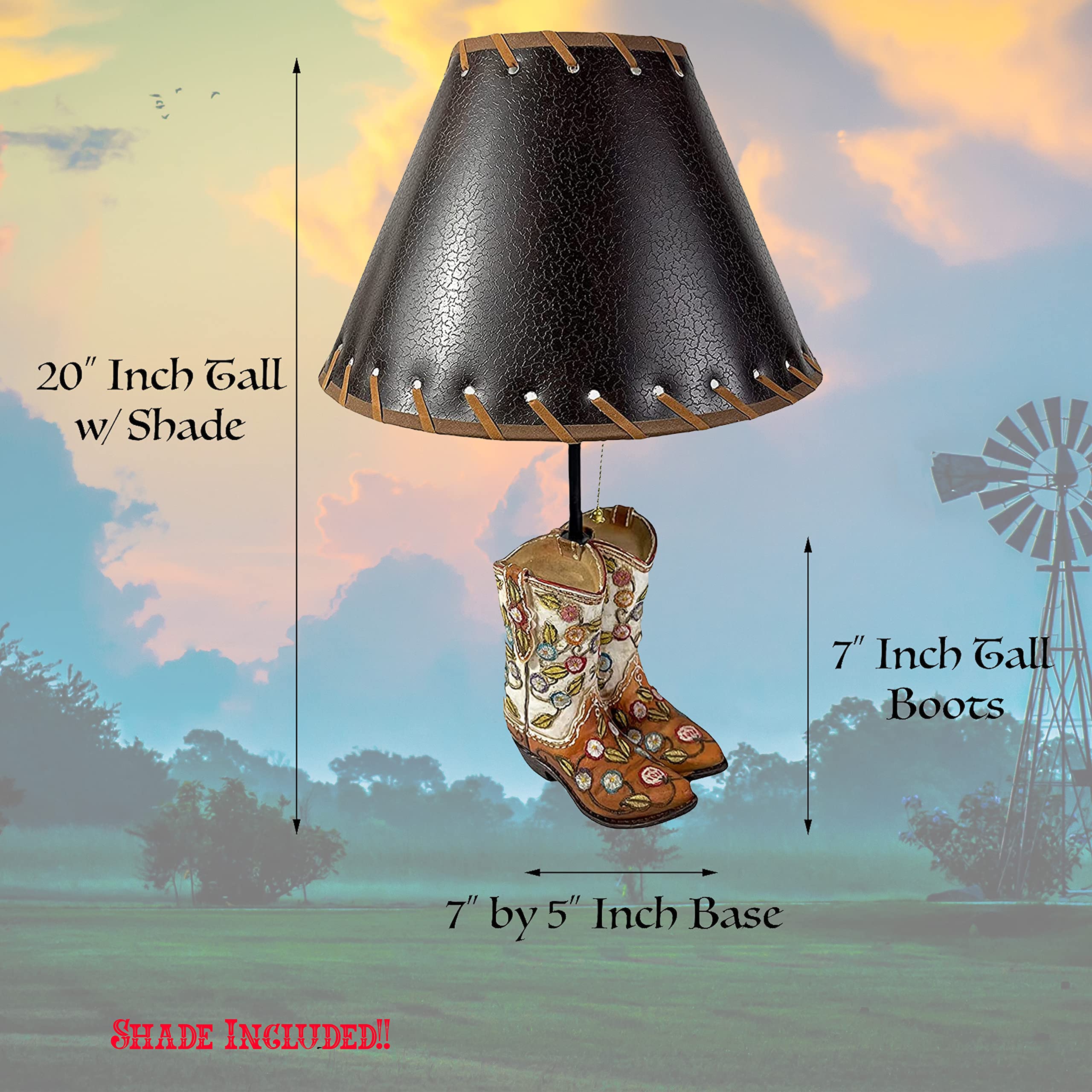 Western Cowboy Floral Double Boot Roper End Table Lamp - Rustic Nightstand for Bedroom, Living Room & Office Decor - Unique Western-Themed Standing Table Lamp with Floral Boot Design for Home & Ranch Style Decor