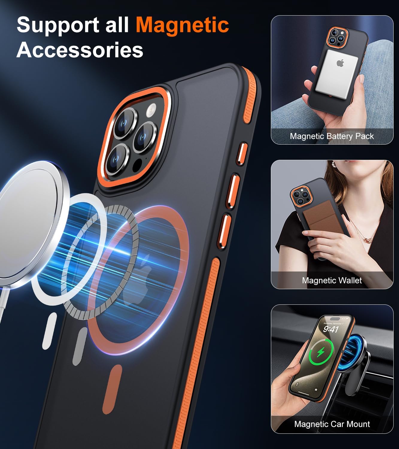 **AOUIA Magnetic Case for iPhone 15 Pro Max - MagSafe Compatible, Anti-Fingerprint & Anti-Scratch, Translucent Matte Phone Cover (Orange) - Perfect for Work, Travel & Everyday Protection**