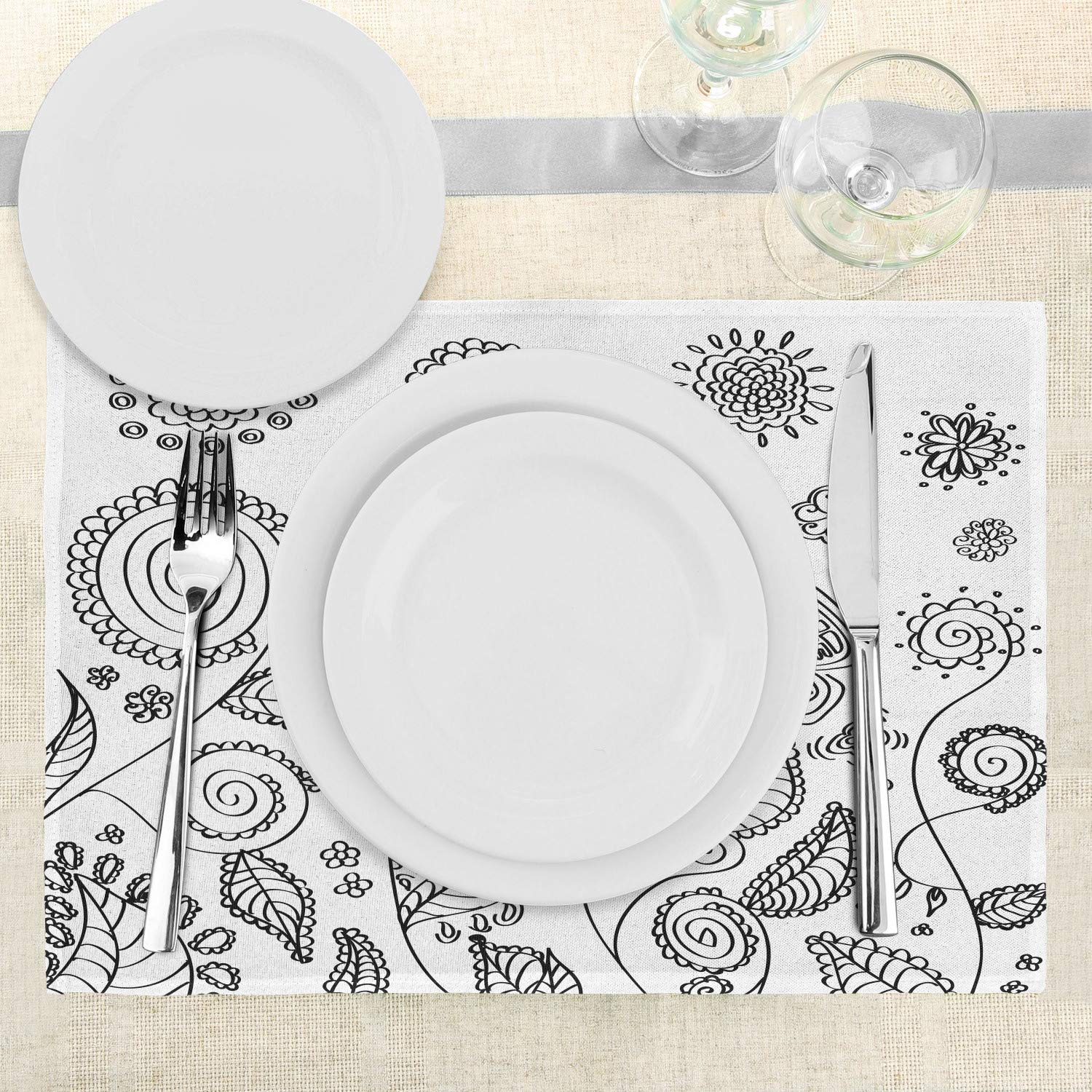 Ambesonne Floral Place Mats Set of 4 - Doodle Style Circular Swirled Flower Petals with Butterflies & Leaves Design - Washable Fabric Table Mats for Dining Room & Kitchen Decor (Black & White) - Perfect for Dinner Parties, Brunch & Holiday Table Settings