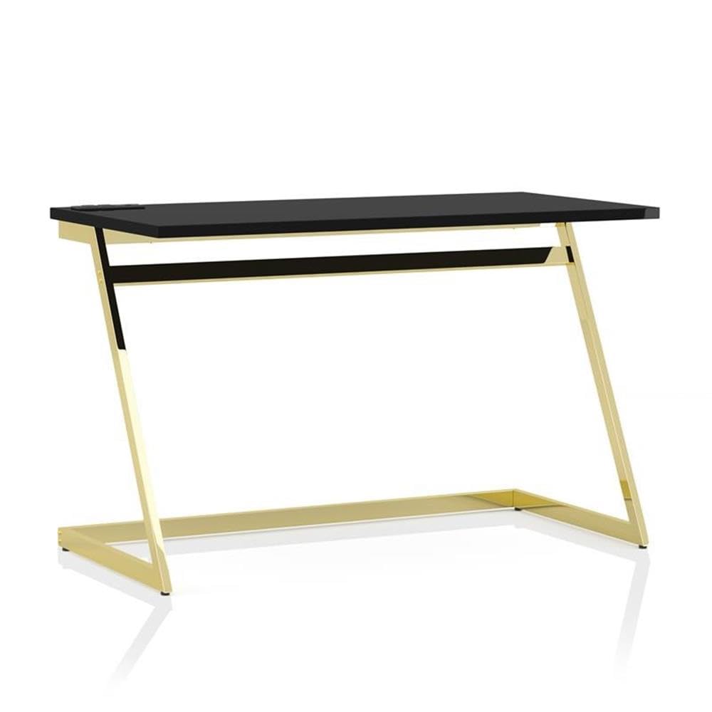 Cornica Metal Writing Desk with USB Ports - Modern Black & Brass Home Office Desk for Small Spaces, Study & Workstation Setup